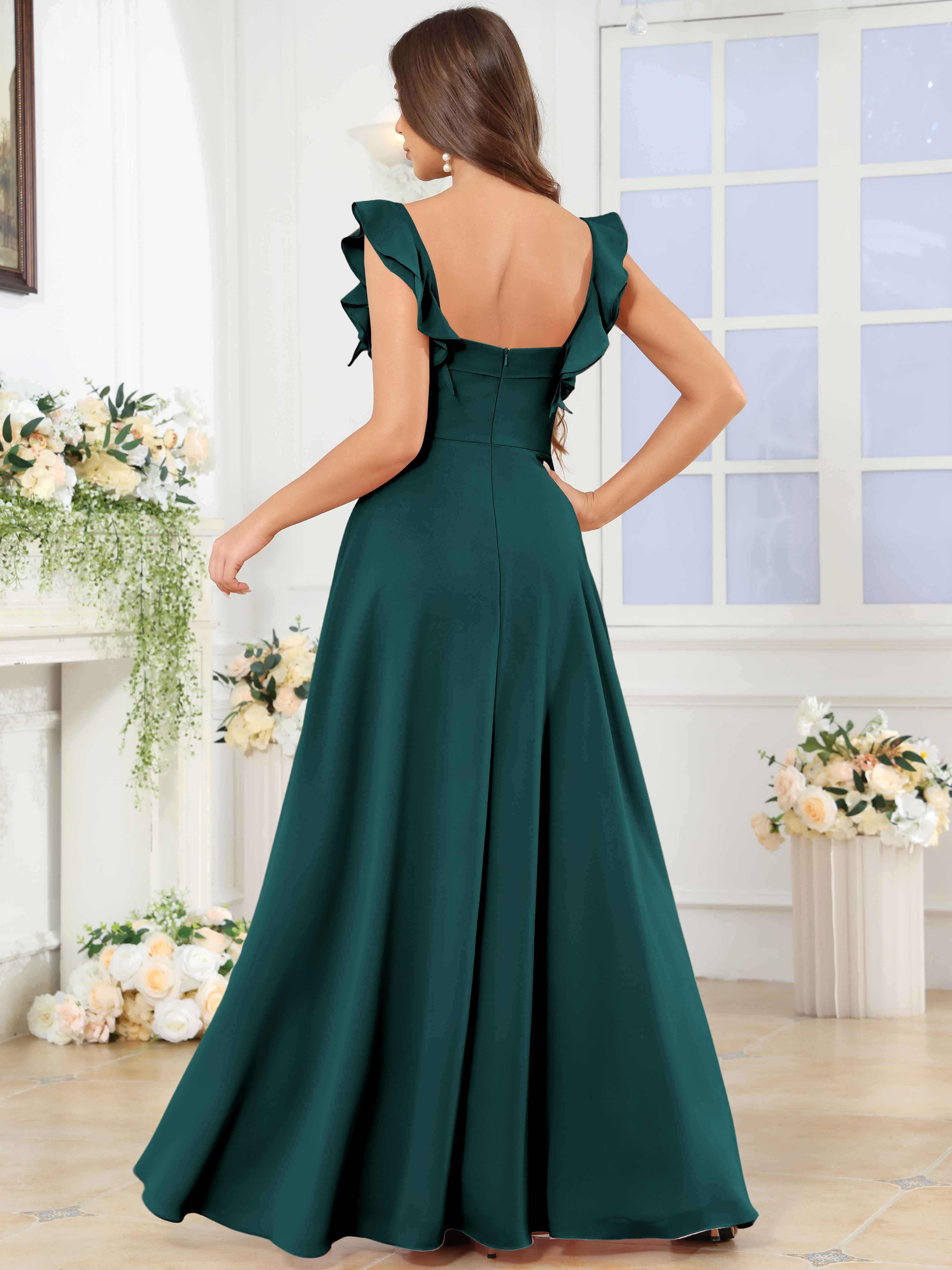 ROVDESY Square Neck Ruffle Chffion Bridesmaid Dress With Slit