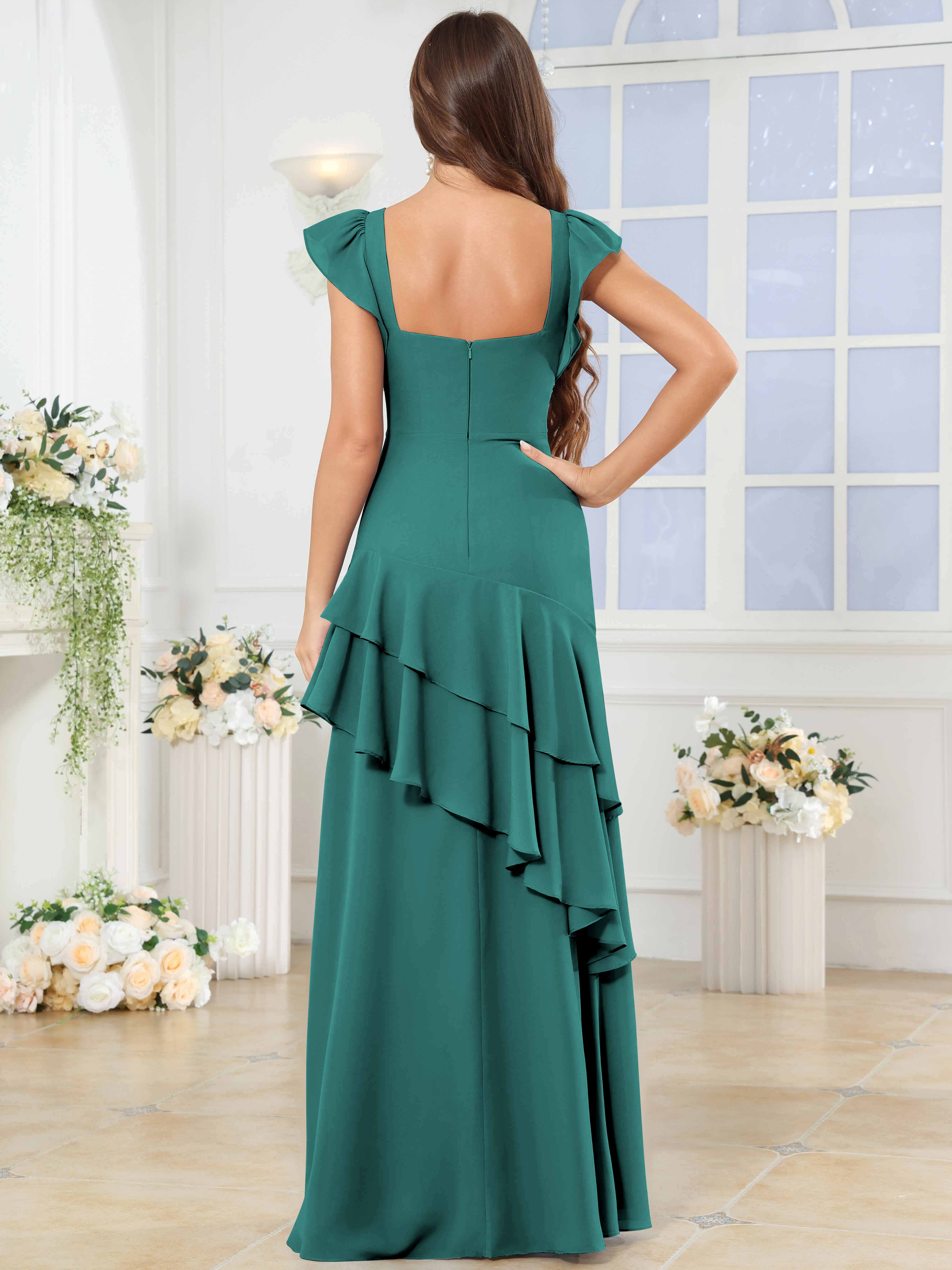 ROVDESY Sweetheart Tiered Ruffle Chiffon Bridesmaid Dress With Short Sleeves