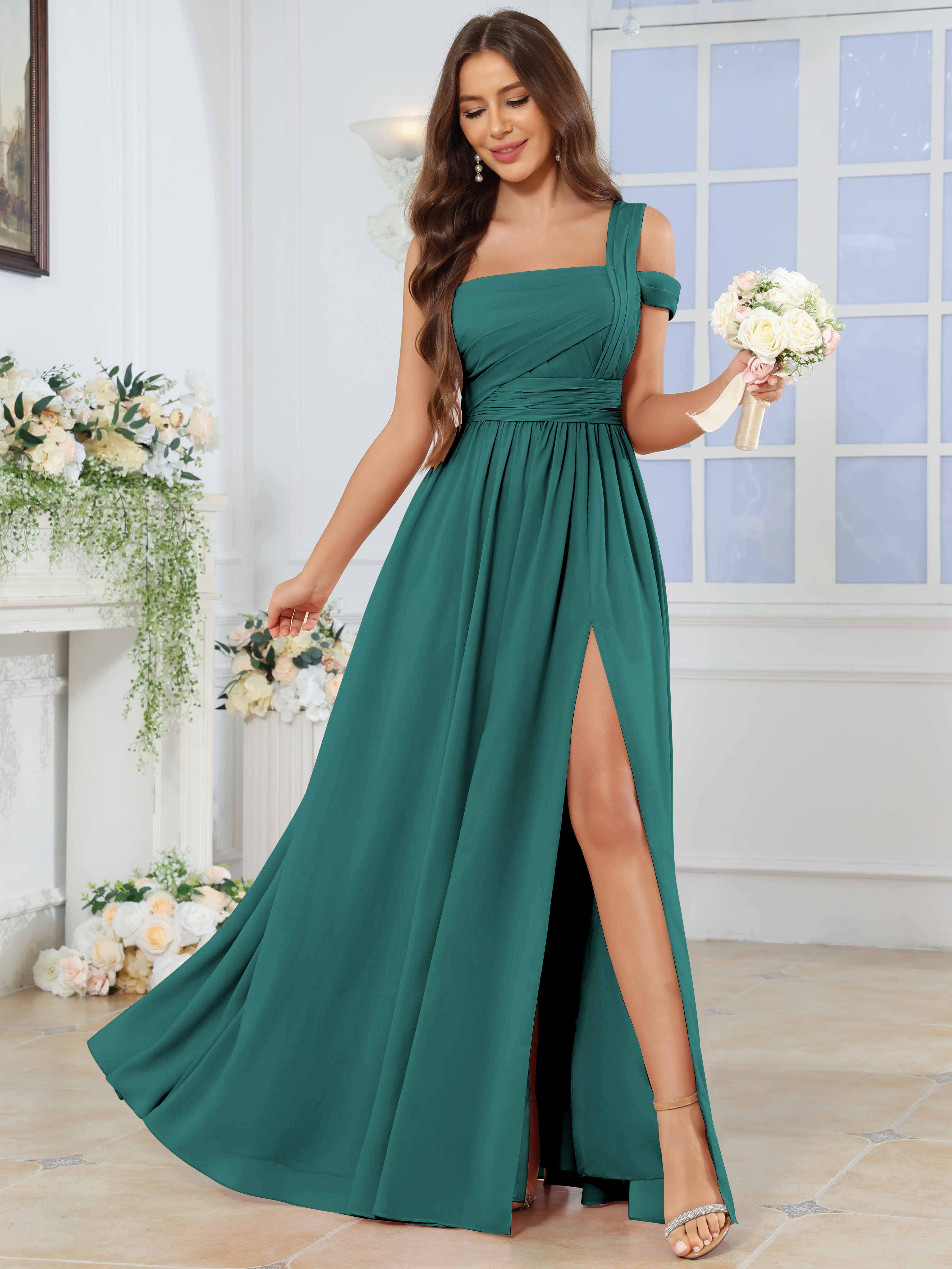 ROVDESY One Shoulder Pleated Chiffon Bridesmaid Dress With Slit
