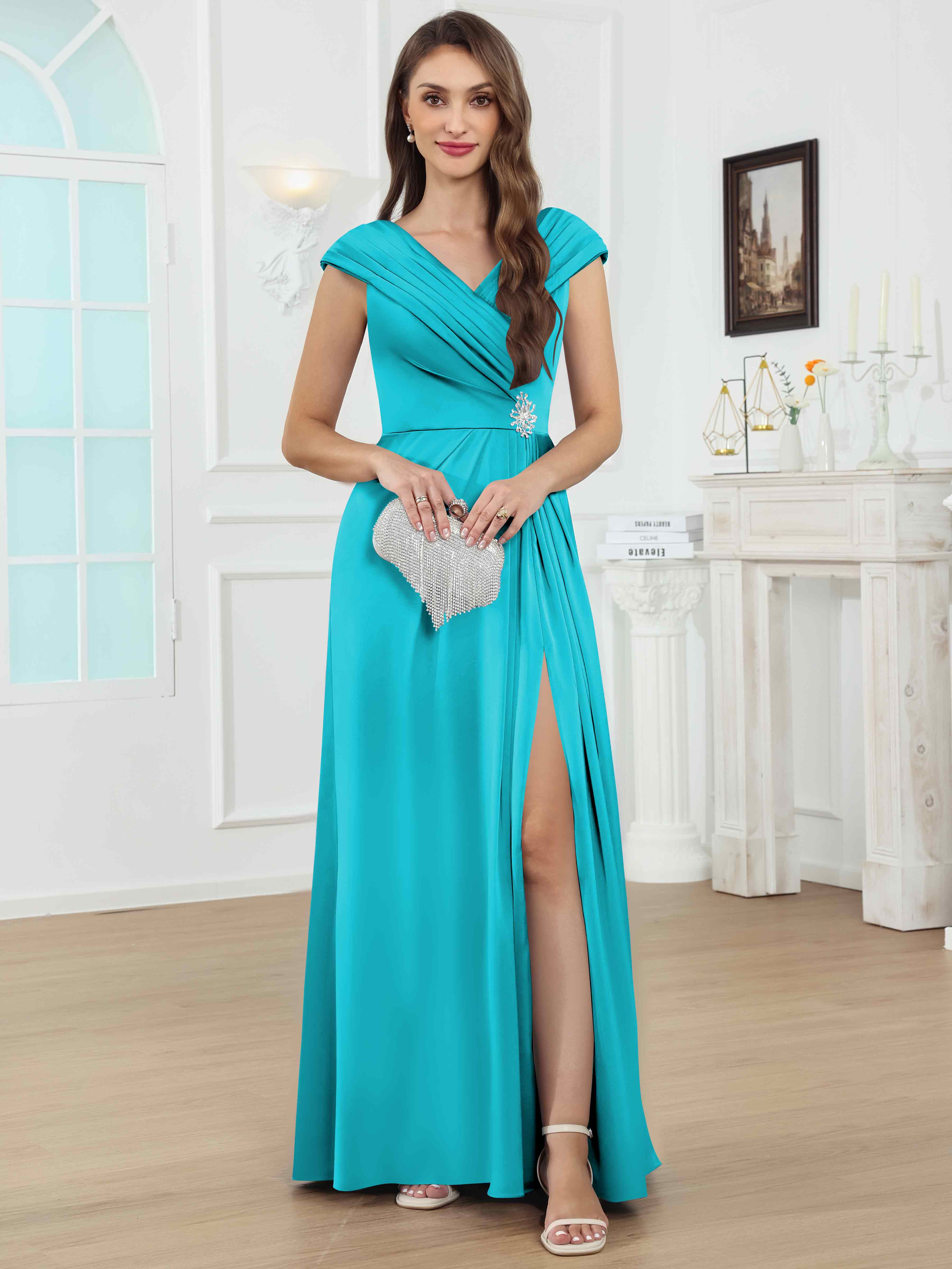 ROVDESY V-Neck Off The Shoulder Pleated Satin Mother Of The Bride Dress With Slit