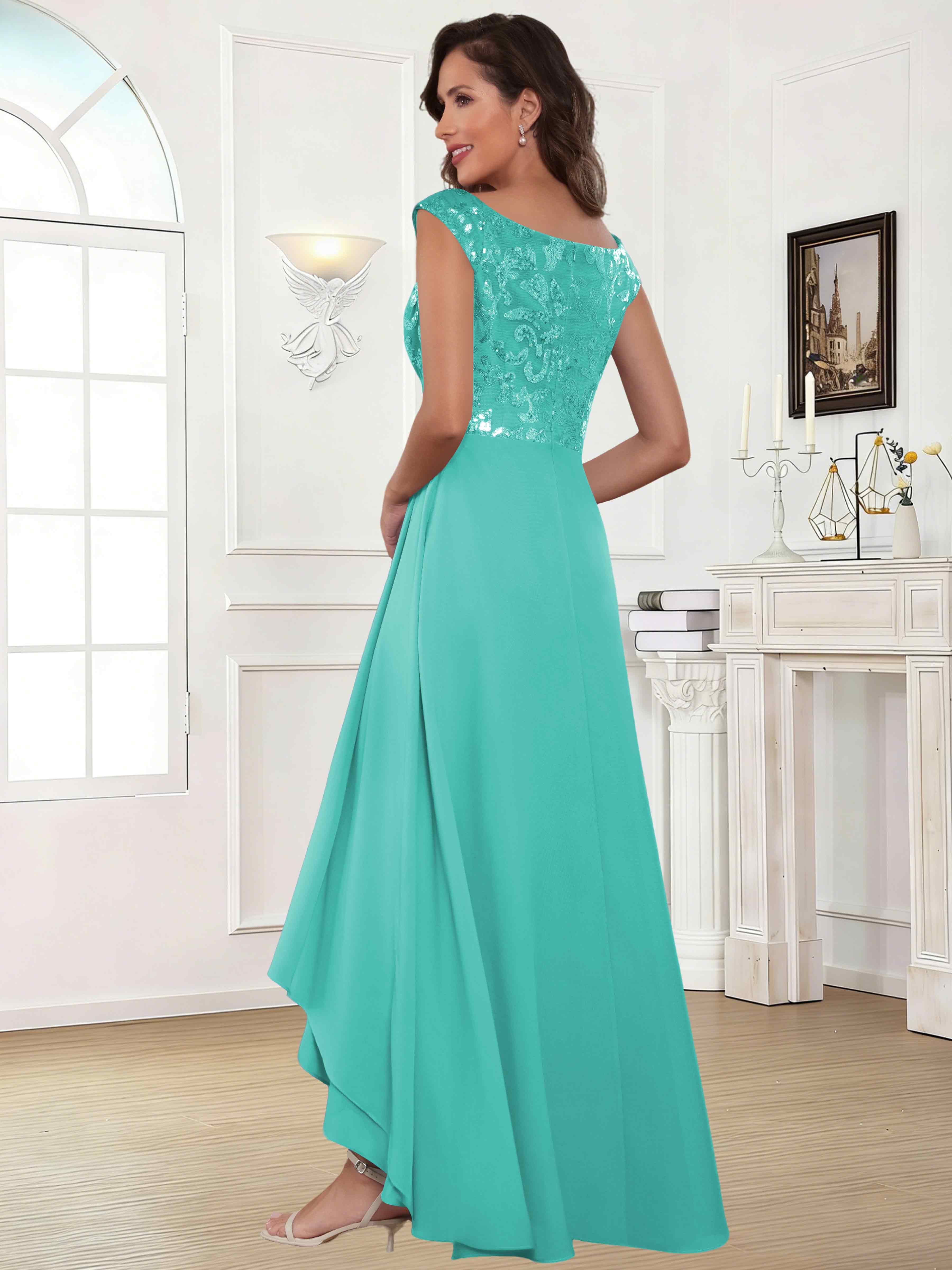 ROVDESY Tea Length Off-The-Shoulder Sequin Chiffon Mother Of The Bride Dress