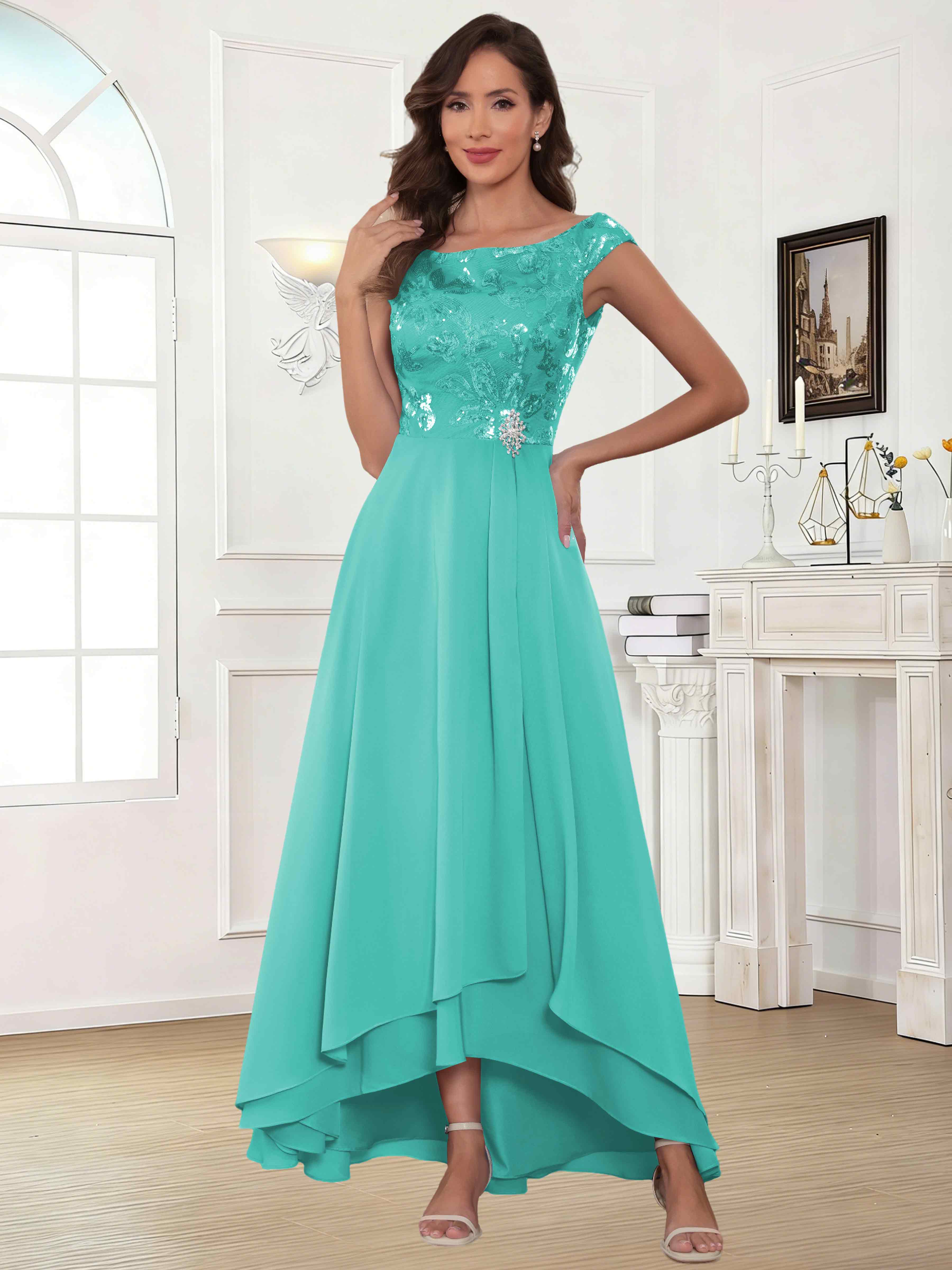 ROVDESY Tea Length Off-The-Shoulder Sequin Chiffon Mother Of The Bride Dress