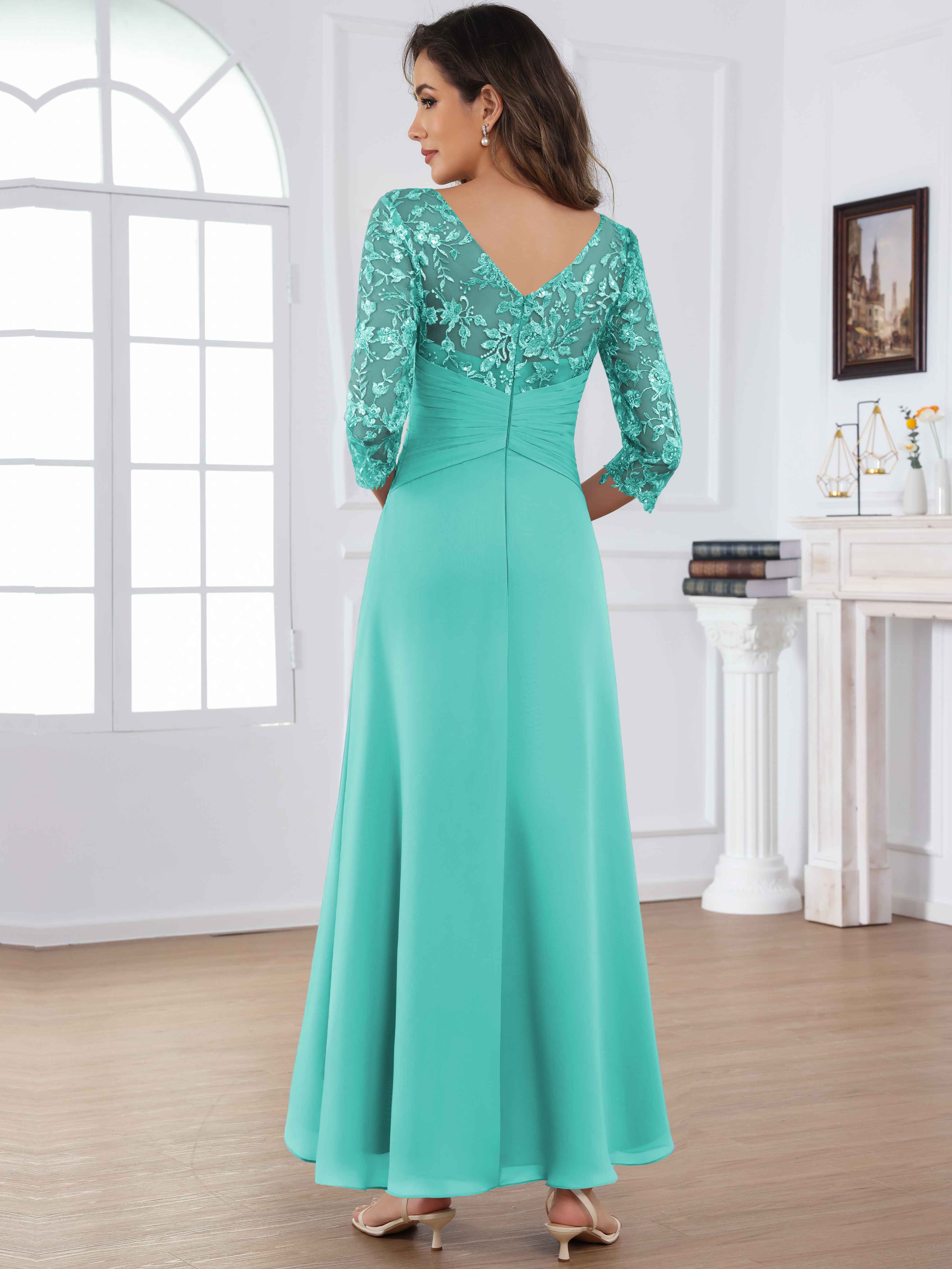 ROVDESY Tea Length Lace Chiffon Mother of The Bride Dress with 3/4 Sleeves