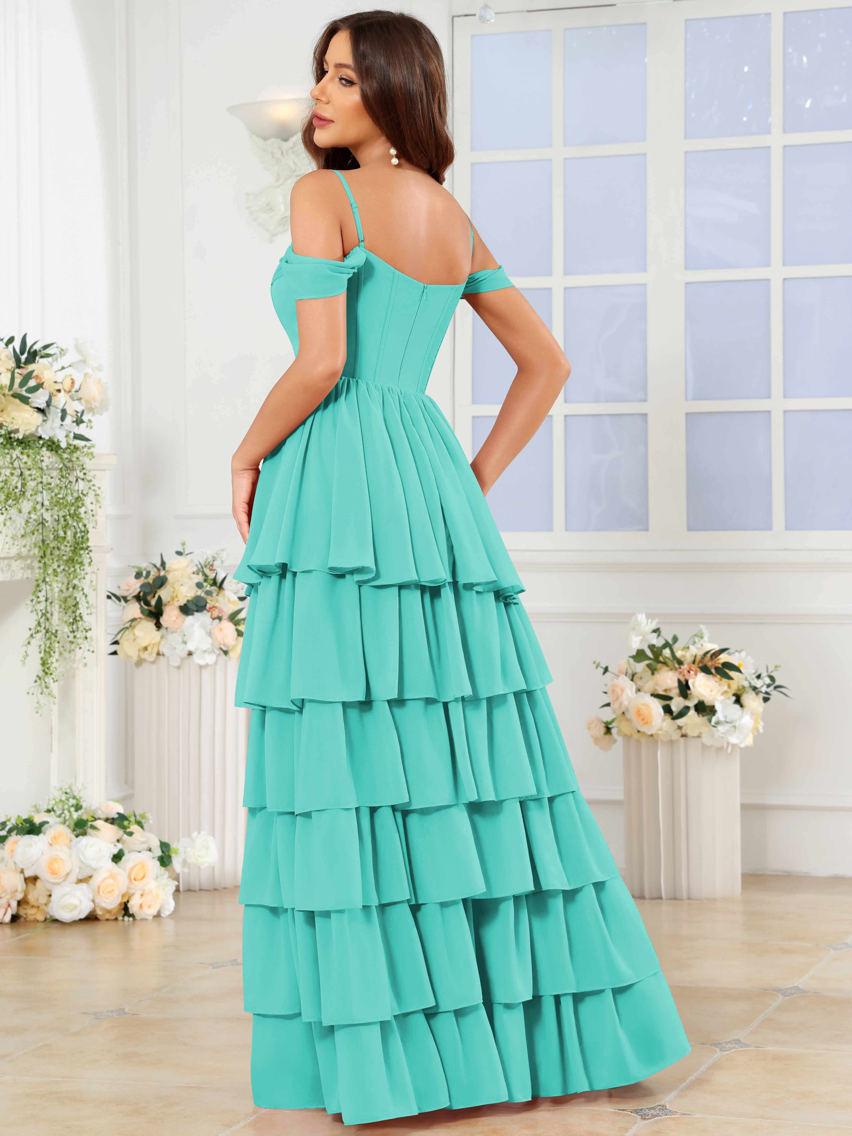 ROVDESY A-Line Off The Shoulder Tiered Chiffon Bridesmaid/Prom Dress With Slit