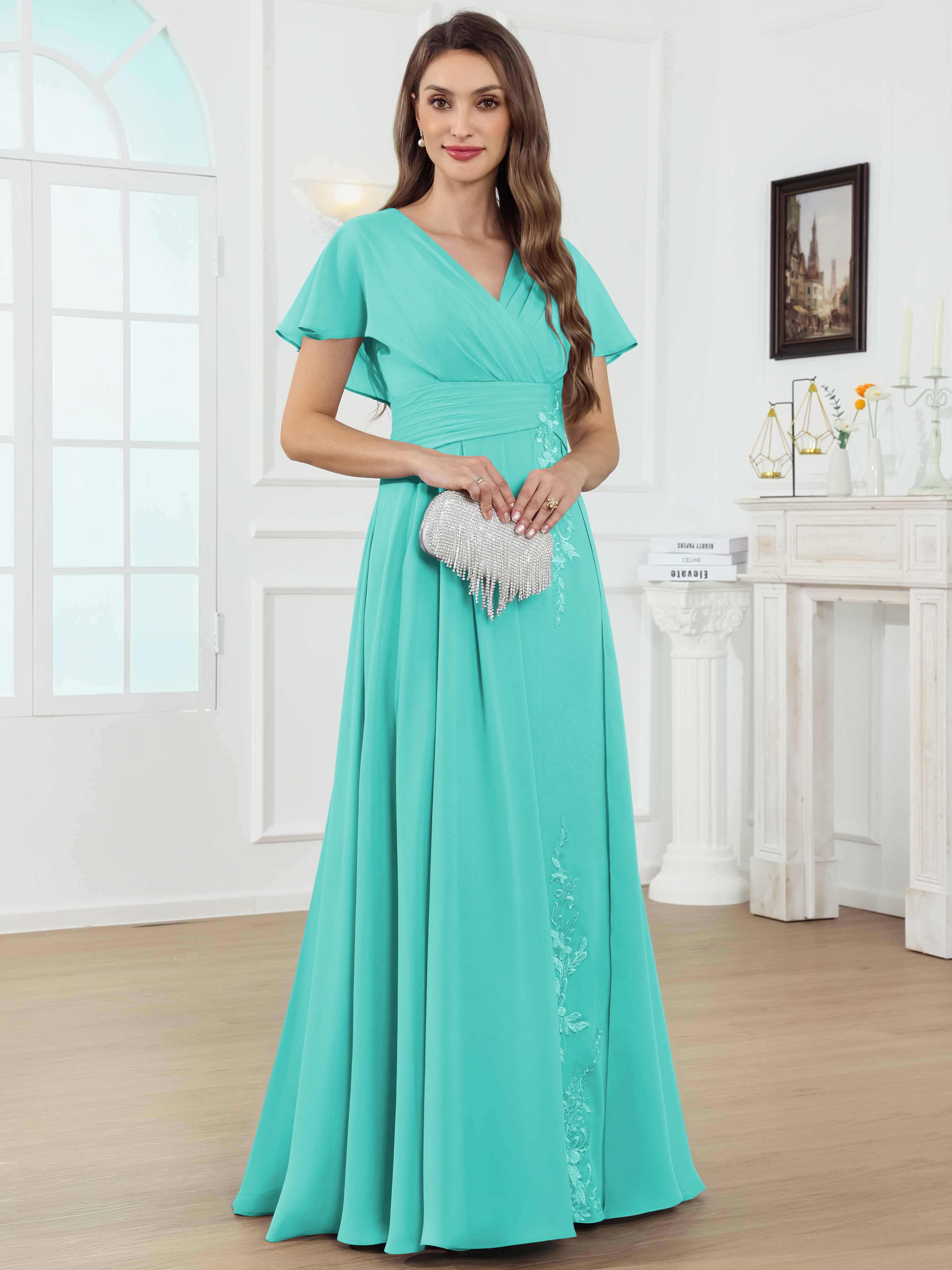 ROVDESY A-Line V-Neck Pleated Lace Chiffon Mother Of The Bride Dress With Short Sleeves