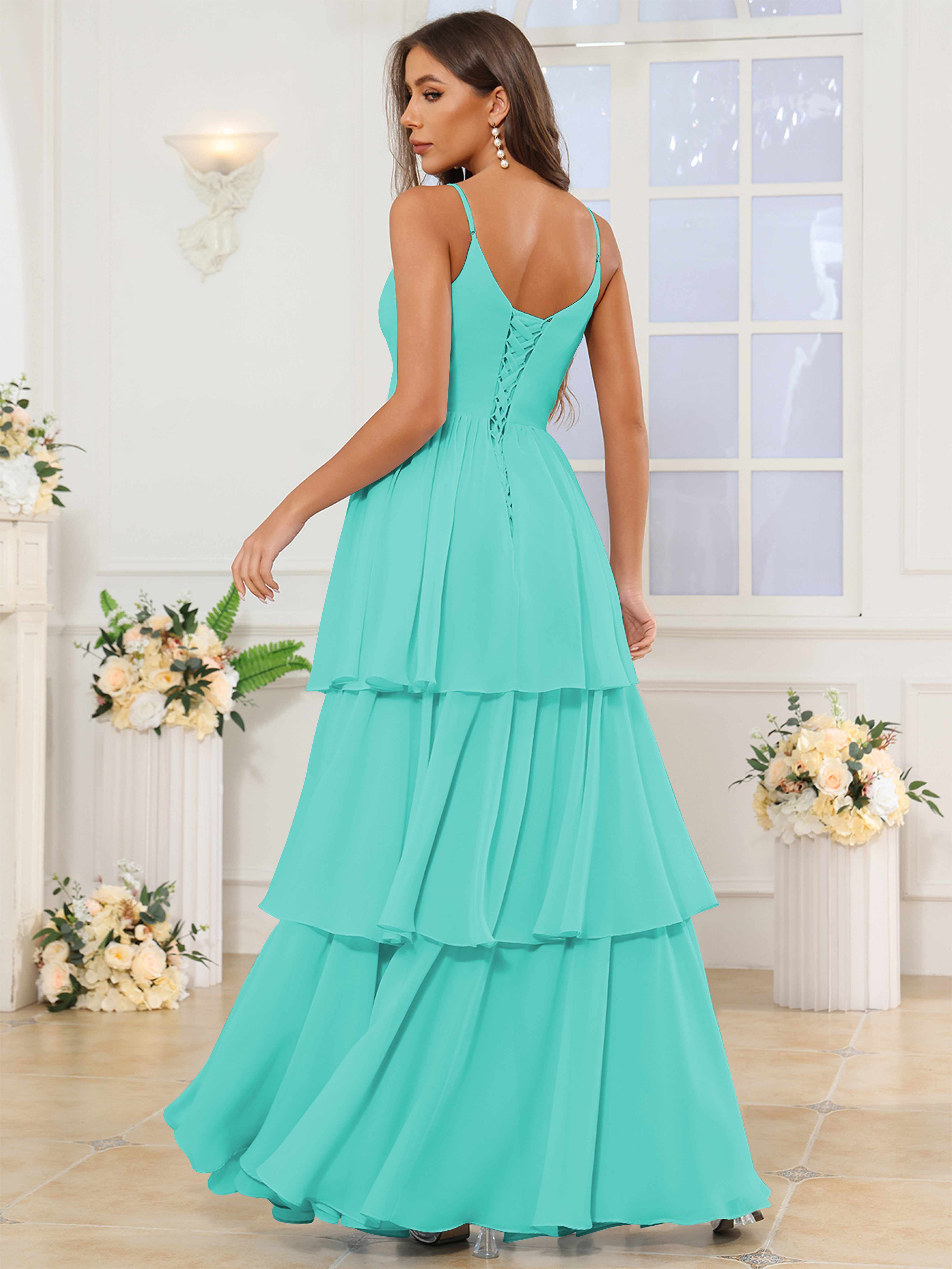 ROVDESY V-Neck Spaghetti Straps Tiered Chiffon Bridesmaid Dress With Ruffles