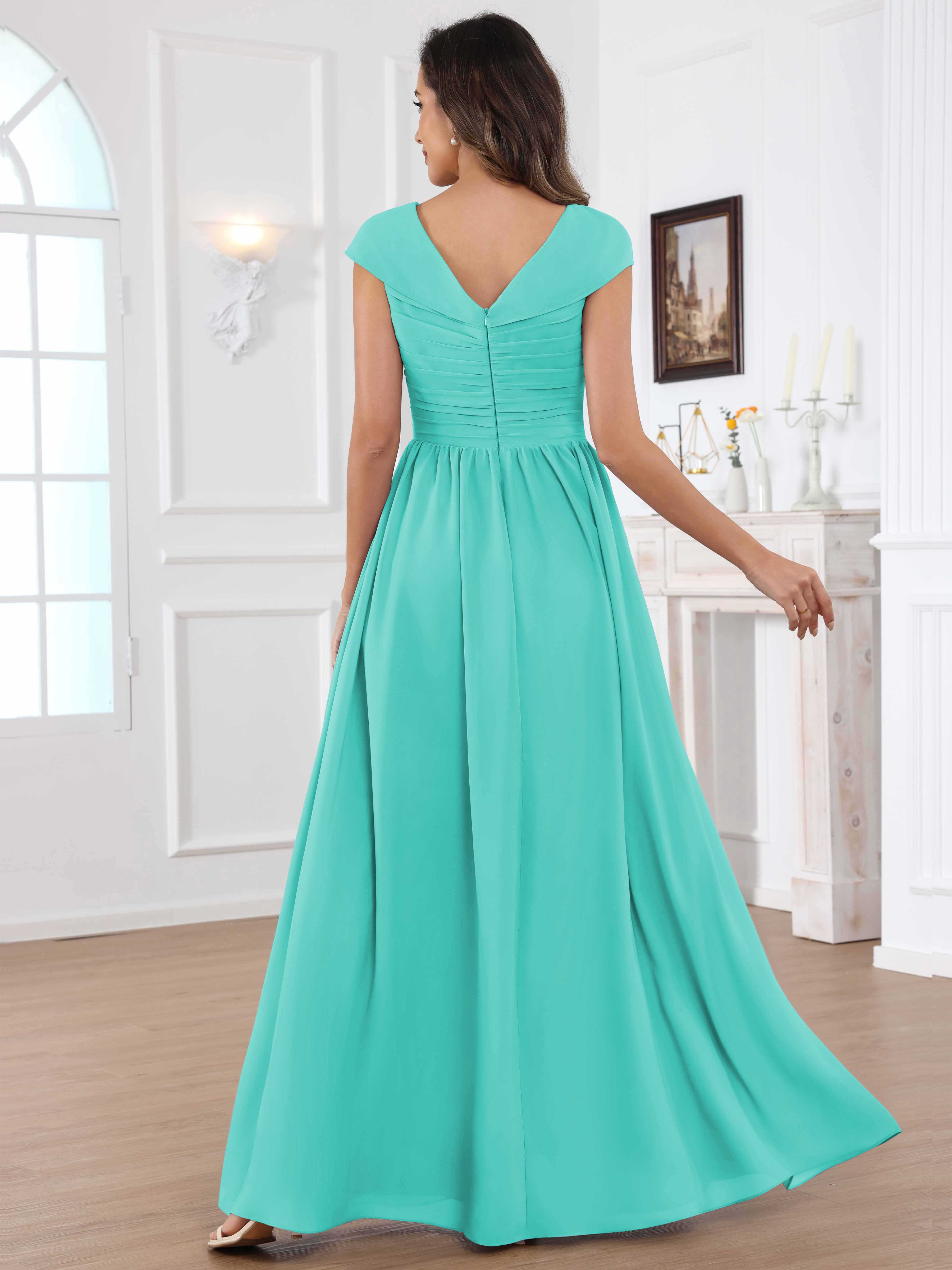 ROVDESY A-Line Cap Sleeves Pleated Chiffon Mother Of The Bride Dress