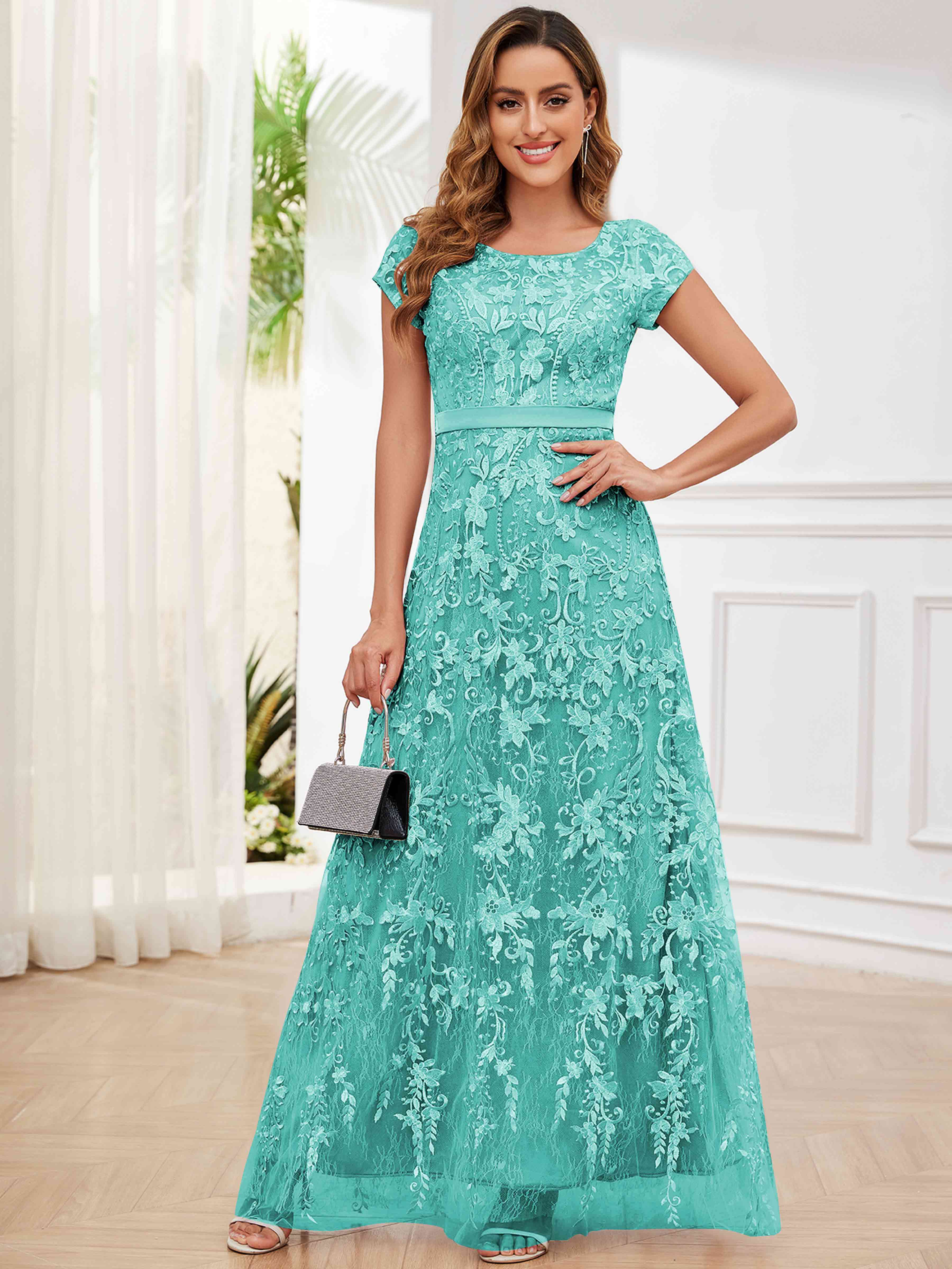 ROVDESY Elegant Lace Mother Of The Bride Dress With Short Sleeves Formal Gown