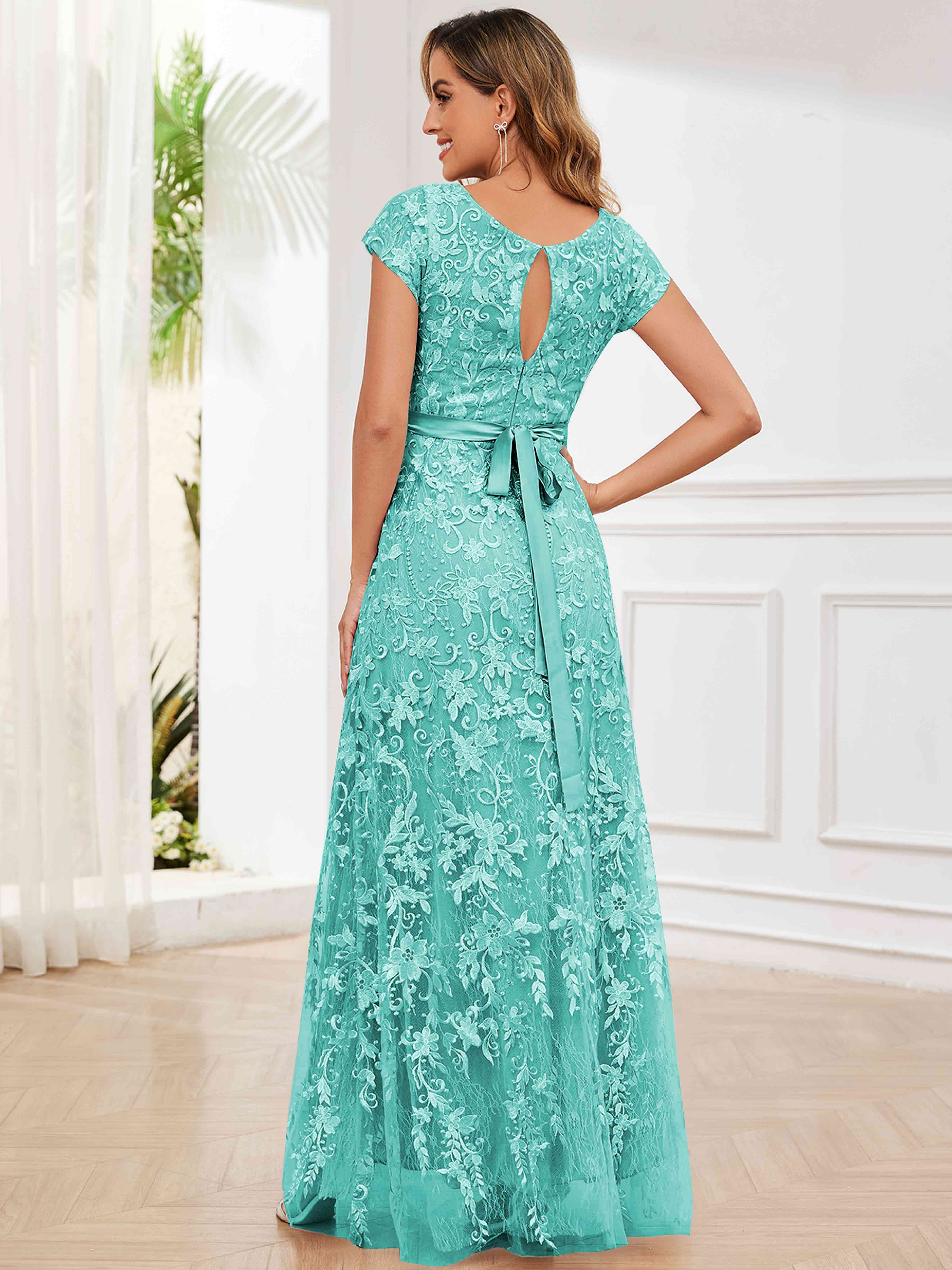 ROVDESY Elegant Lace Mother Of The Bride Dress With Short Sleeves Formal Gown