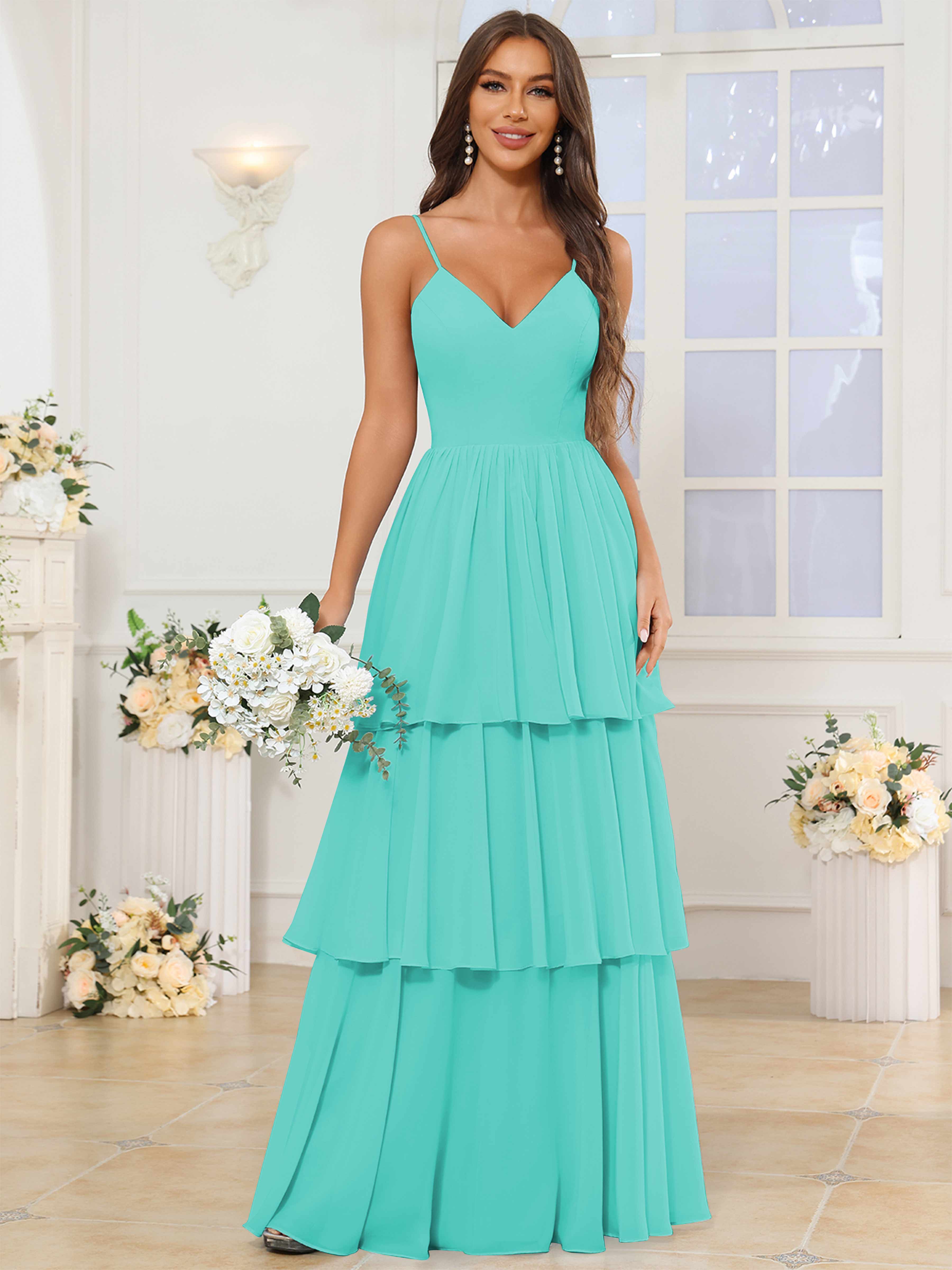 ROVDESY V-Neck Spaghetti Straps Tiered Chiffon Bridesmaid Dress With Ruffles