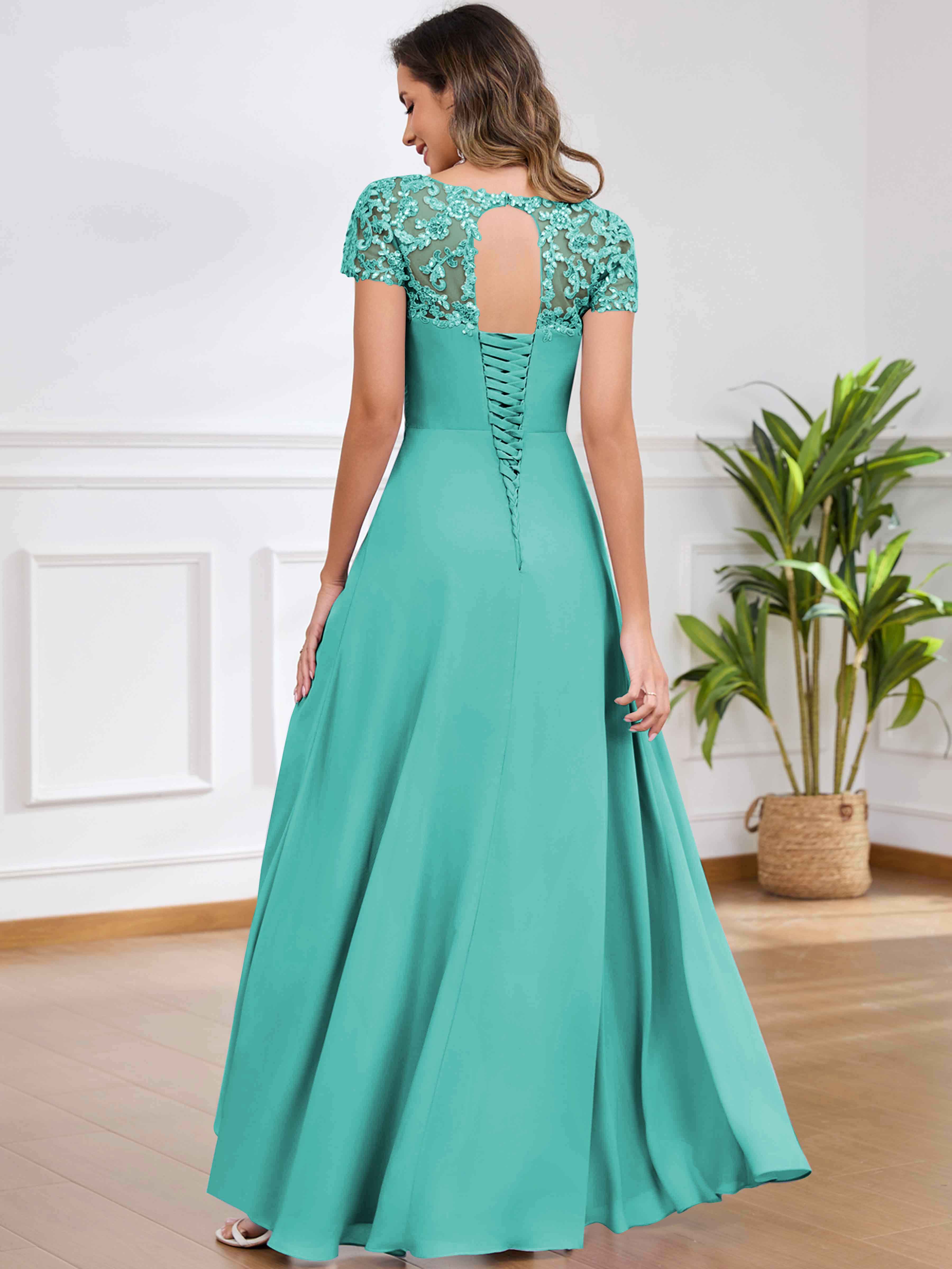ROVDESY A-Line Pleated Lace Sequin Ruffle Chiffon Mother Of The Bride Dress With Slit