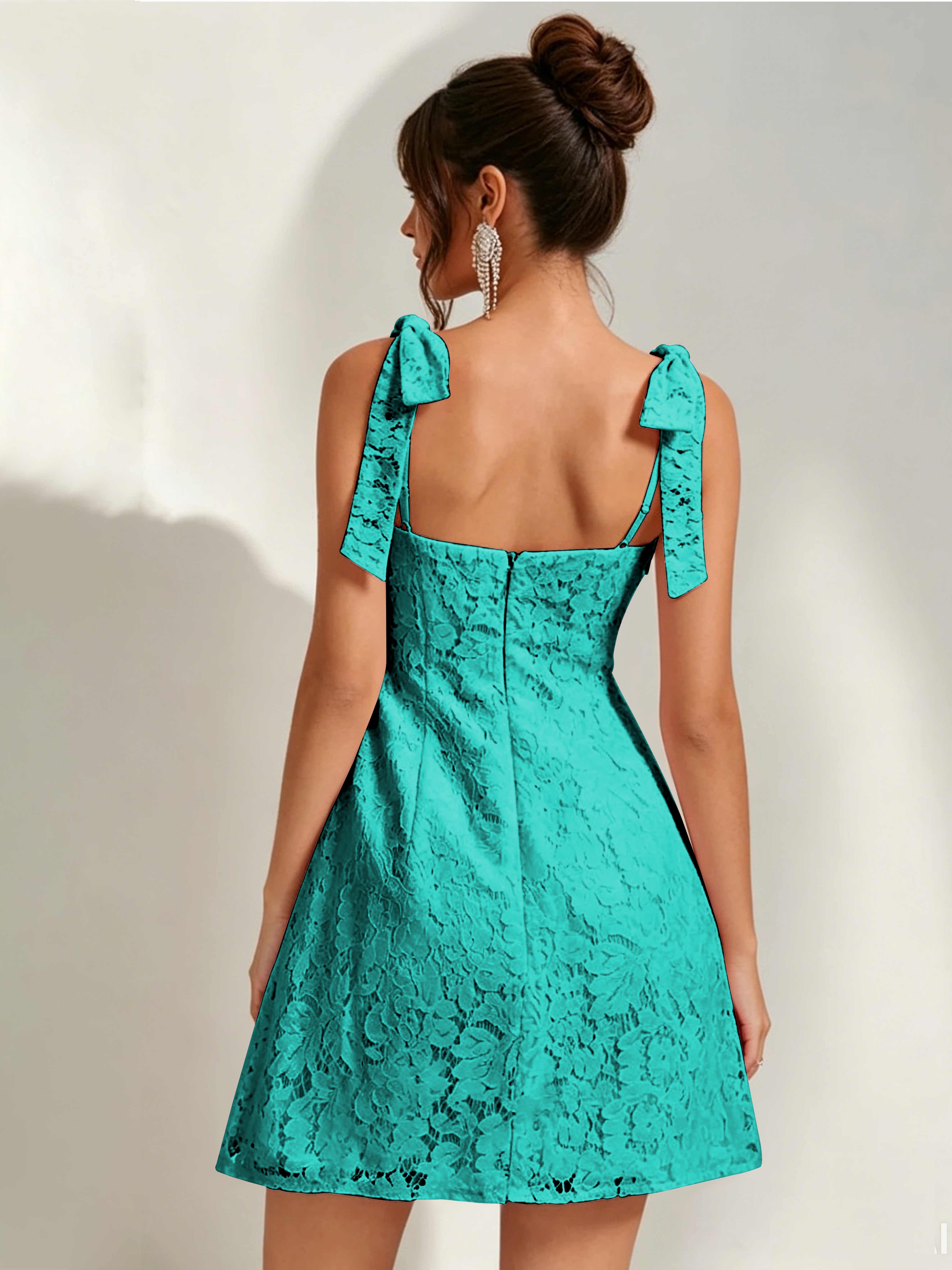 ROVDESY Bow Tie Spaghetti Strap A-Line  Floral Lace Mini Dress