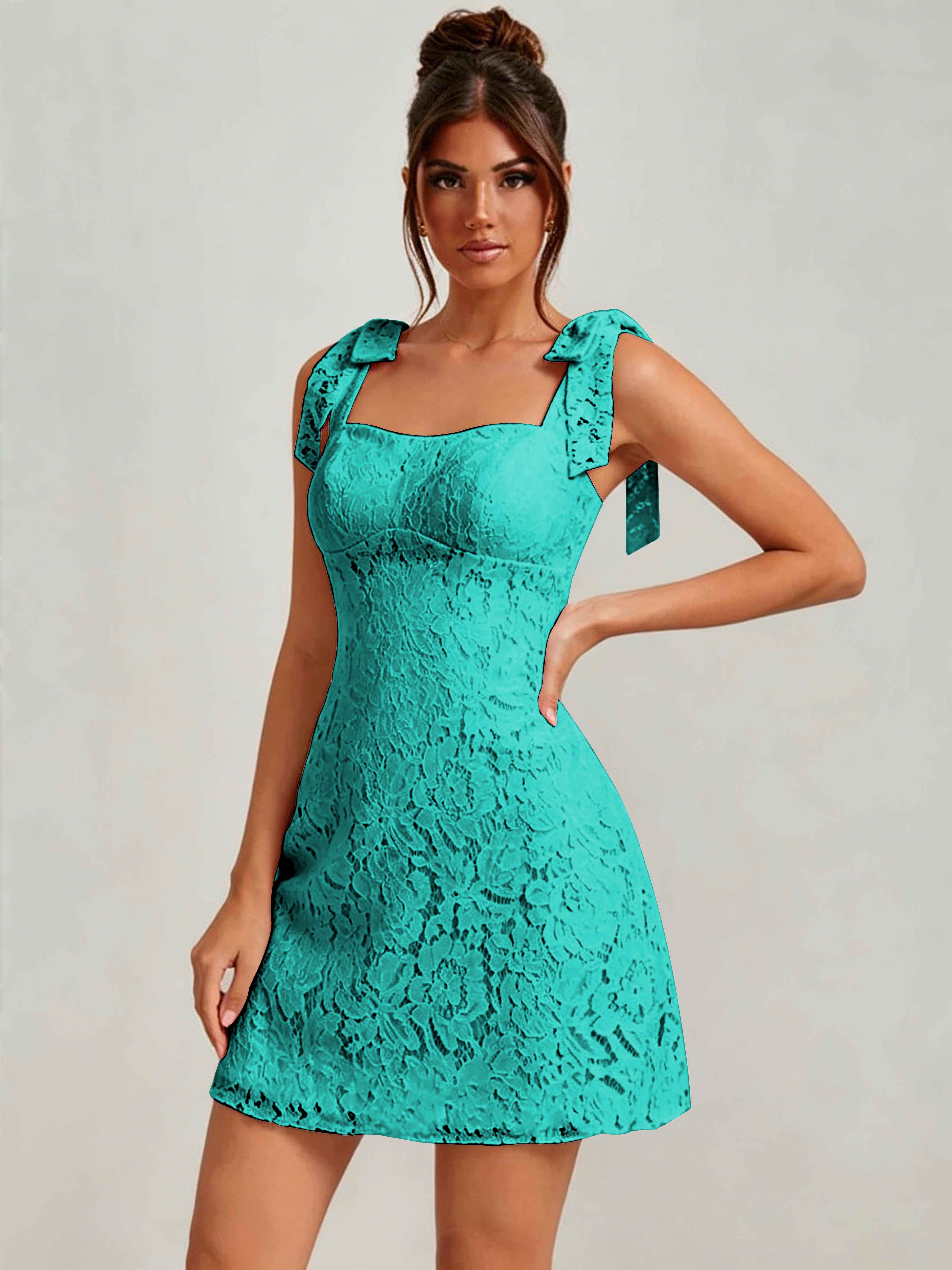 ROVDESY Bow Tie Spaghetti Strap A-Line  Floral Lace Mini Dress