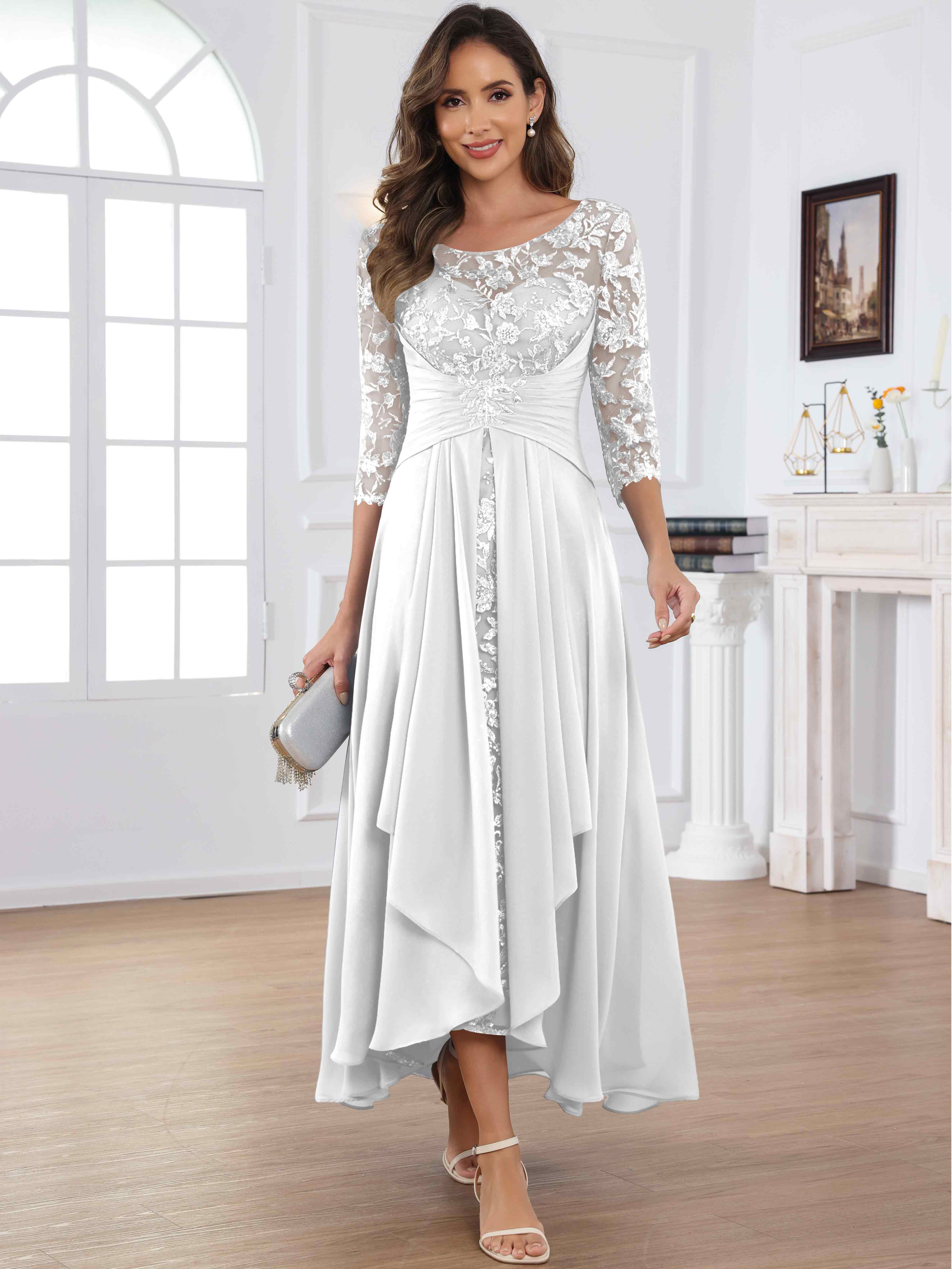 ROVDESY Tea Length Lace Chiffon Mother of The Bride Dress with 3/4 Sleeves
