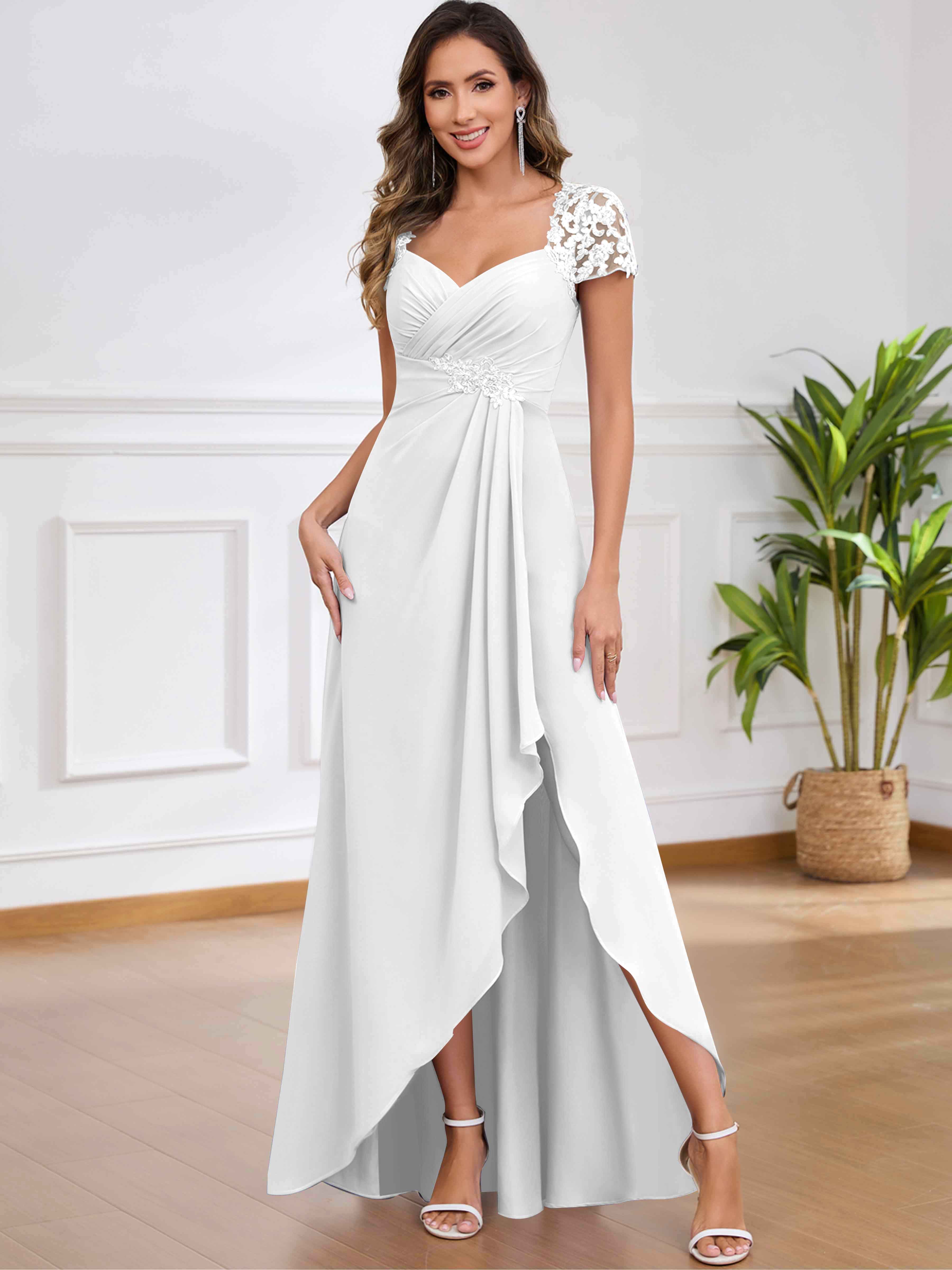 ROVDESY A-Line Pleated Lace Sequin Ruffle Chiffon Mother Of The Bride Dress With Slit