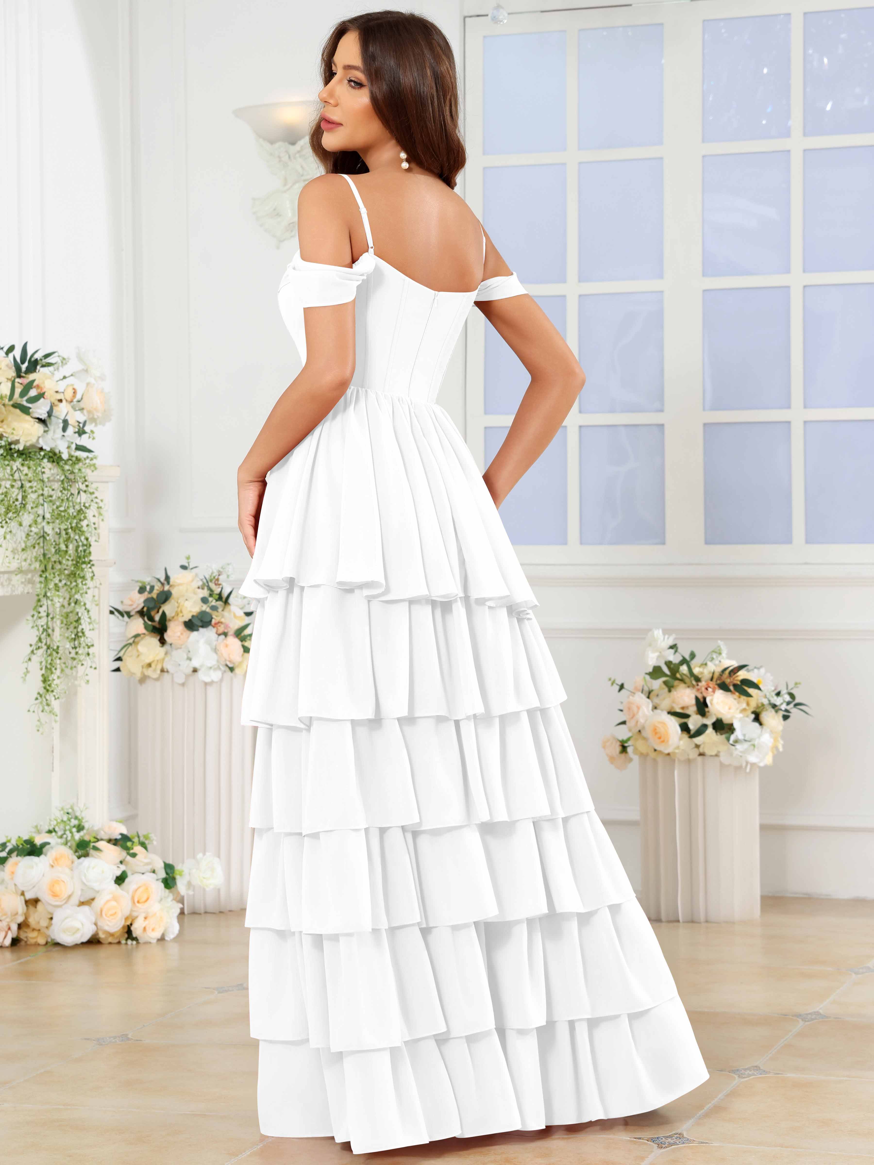 ROVDESY A-Line Off The Shoulder Tiered Chiffon Bridesmaid/Prom Dress With Slit