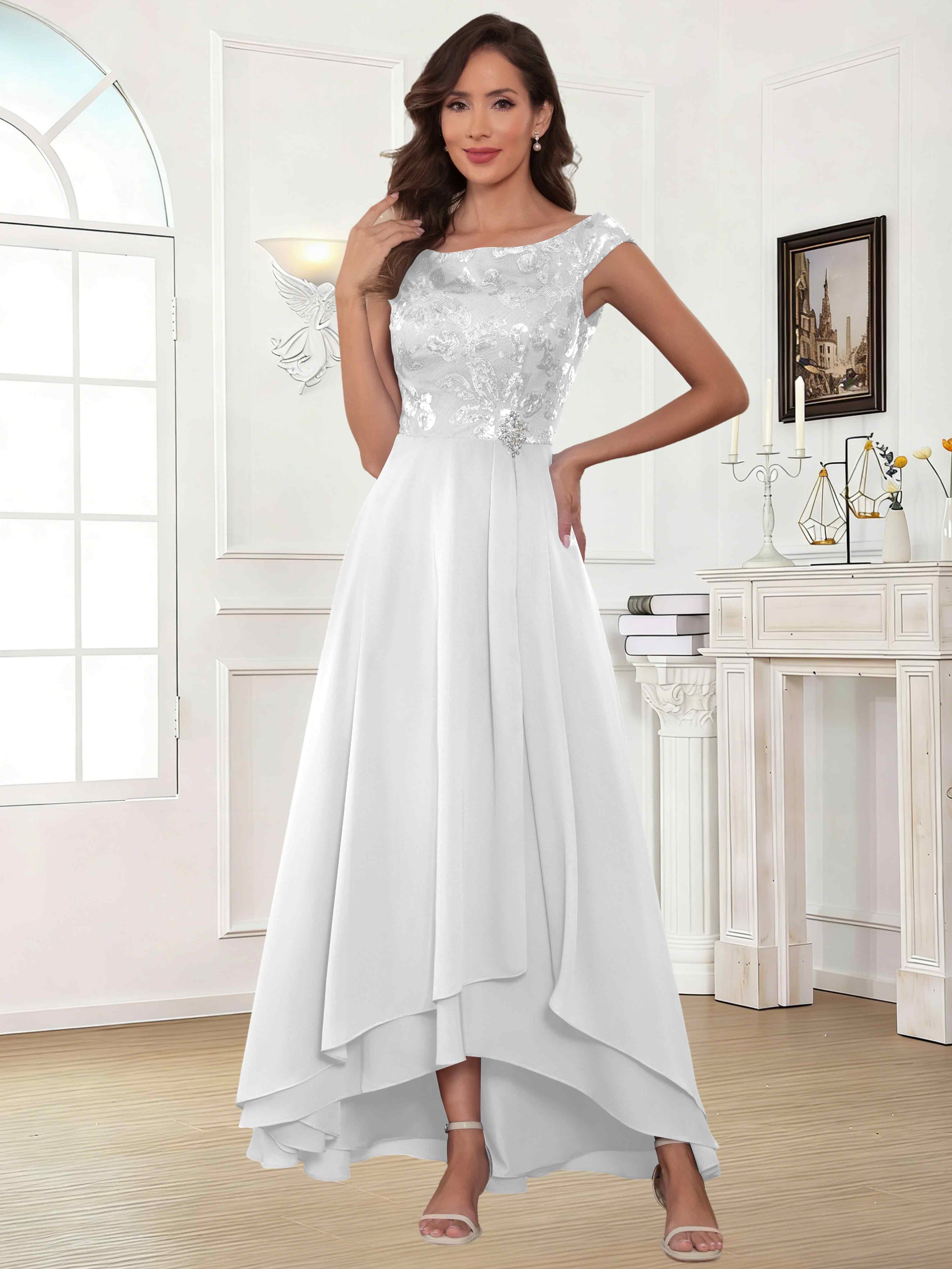 ROVDESY Tea Length Off-The-Shoulder Sequin Chiffon Mother Of The Bride Dress