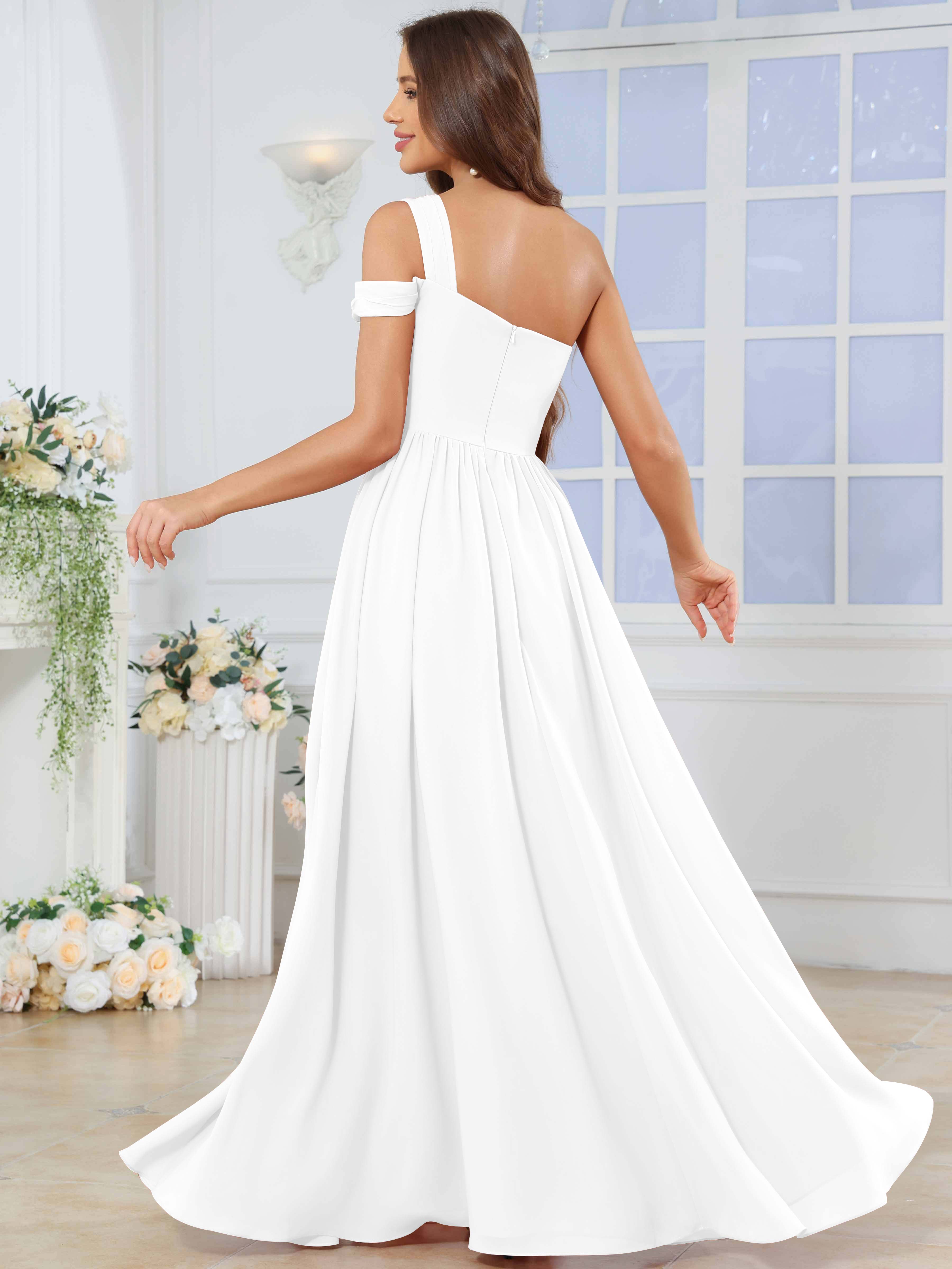 ROVDESY One Shoulder Pleated Chiffon Bridesmaid Dress With Slit