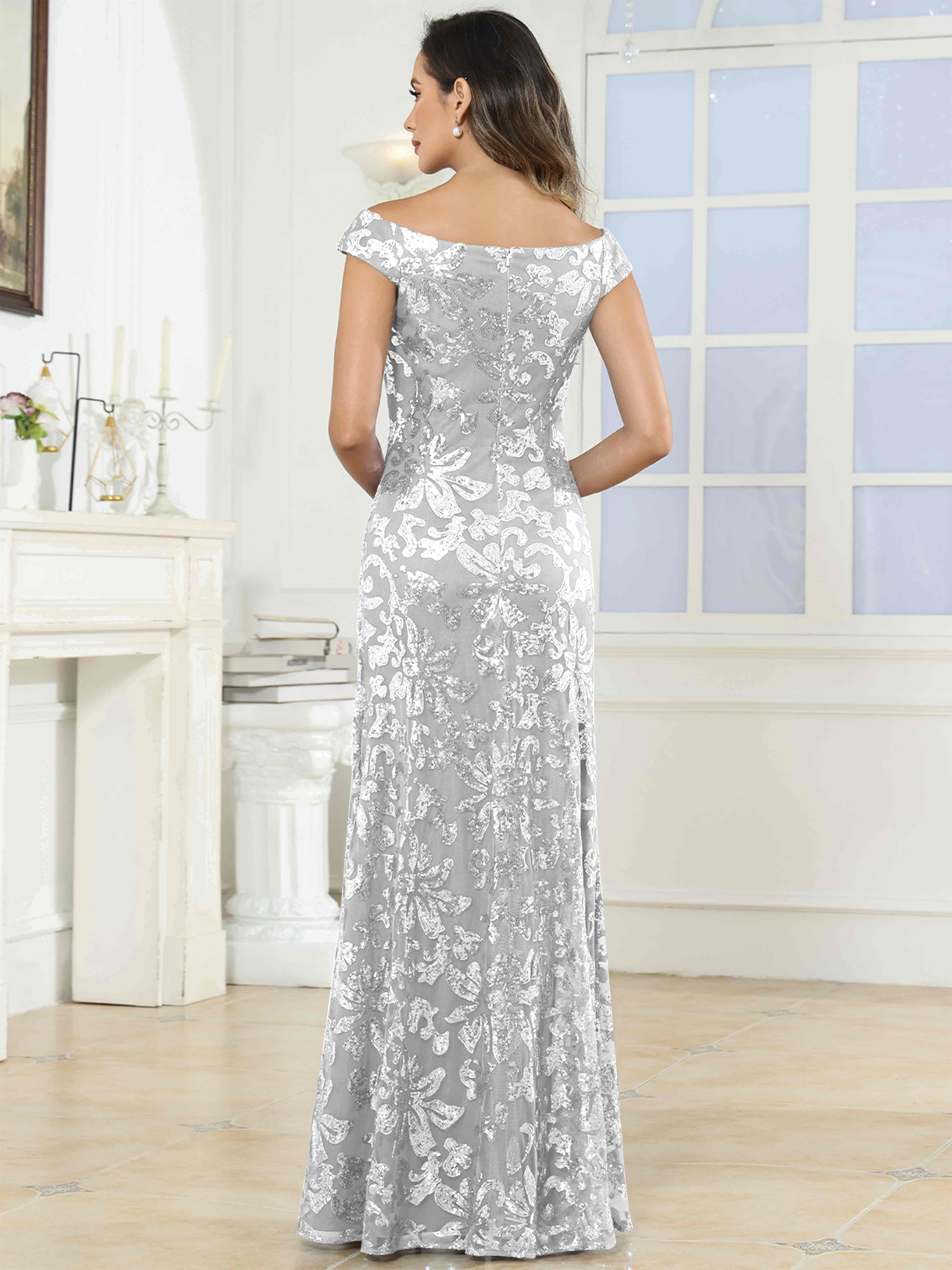 ROVDESY Off-The-Shoulder Mermaid Sequin Mother Of The Bride Dress Formal Gown
