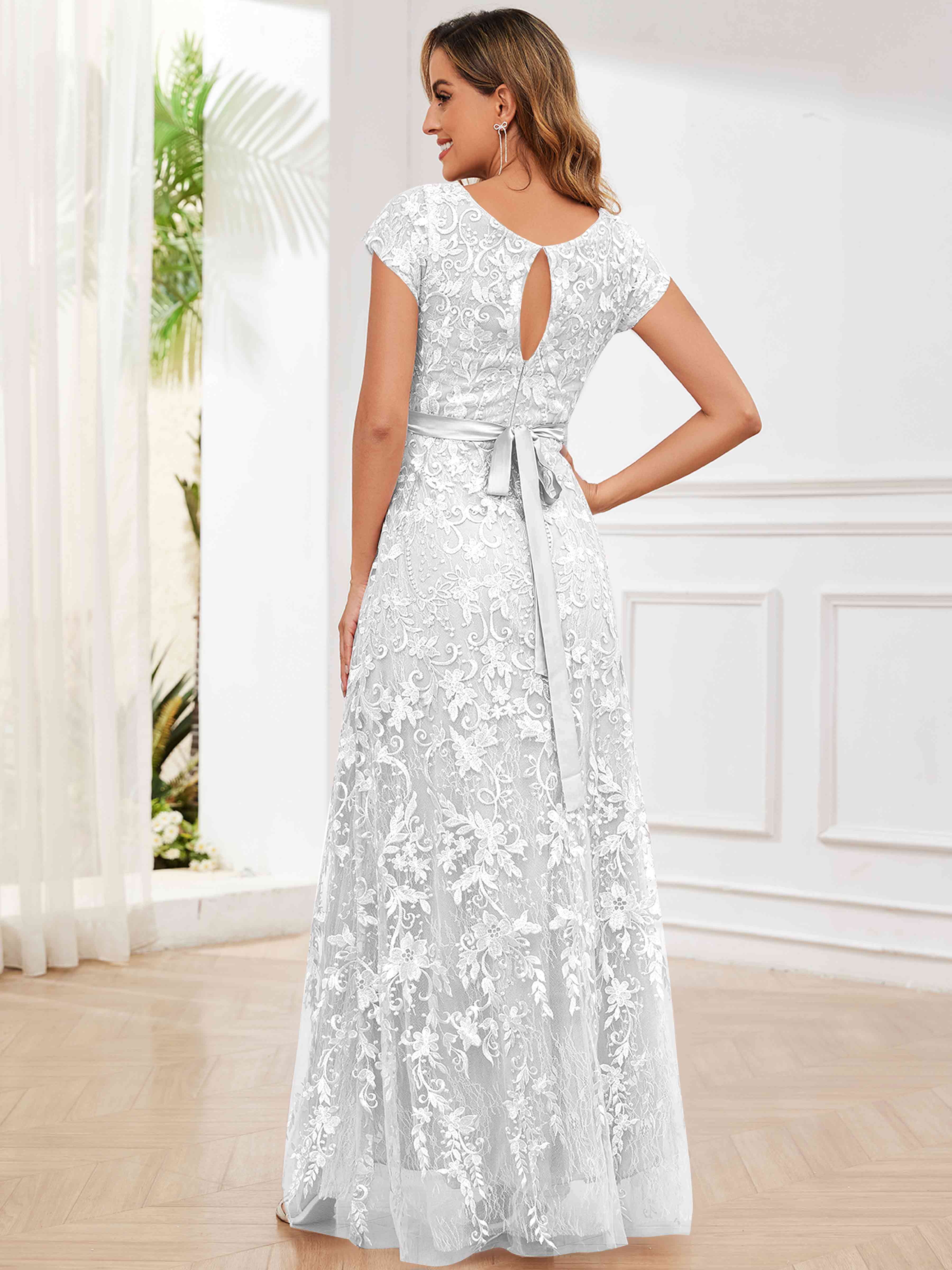 ROVDESY Elegant Lace Mother Of The Bride Dress With Short Sleeves Formal Gown
