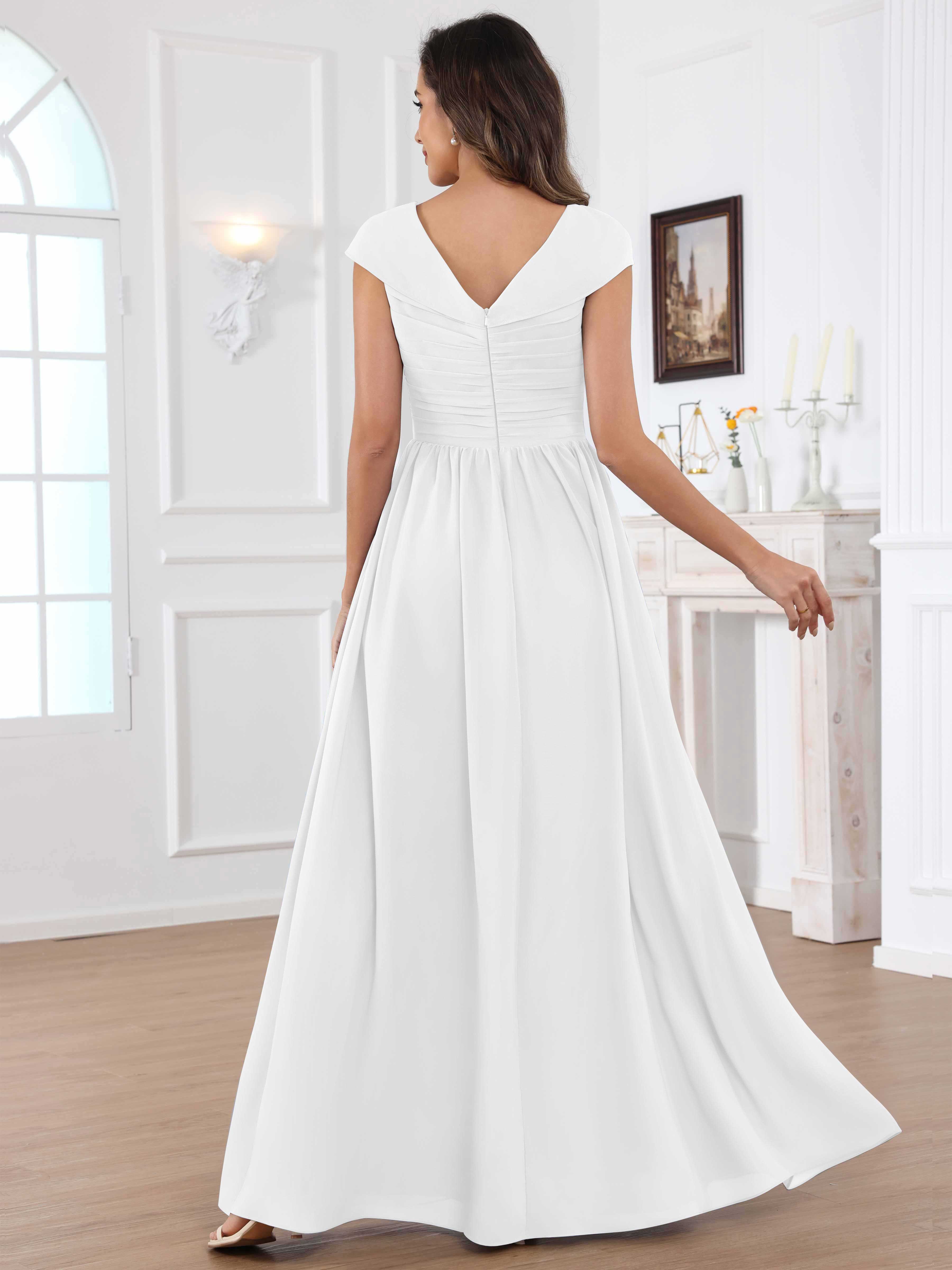 ROVDESY A-Line Cap Sleeves Pleated Chiffon Mother Of The Bride Dress