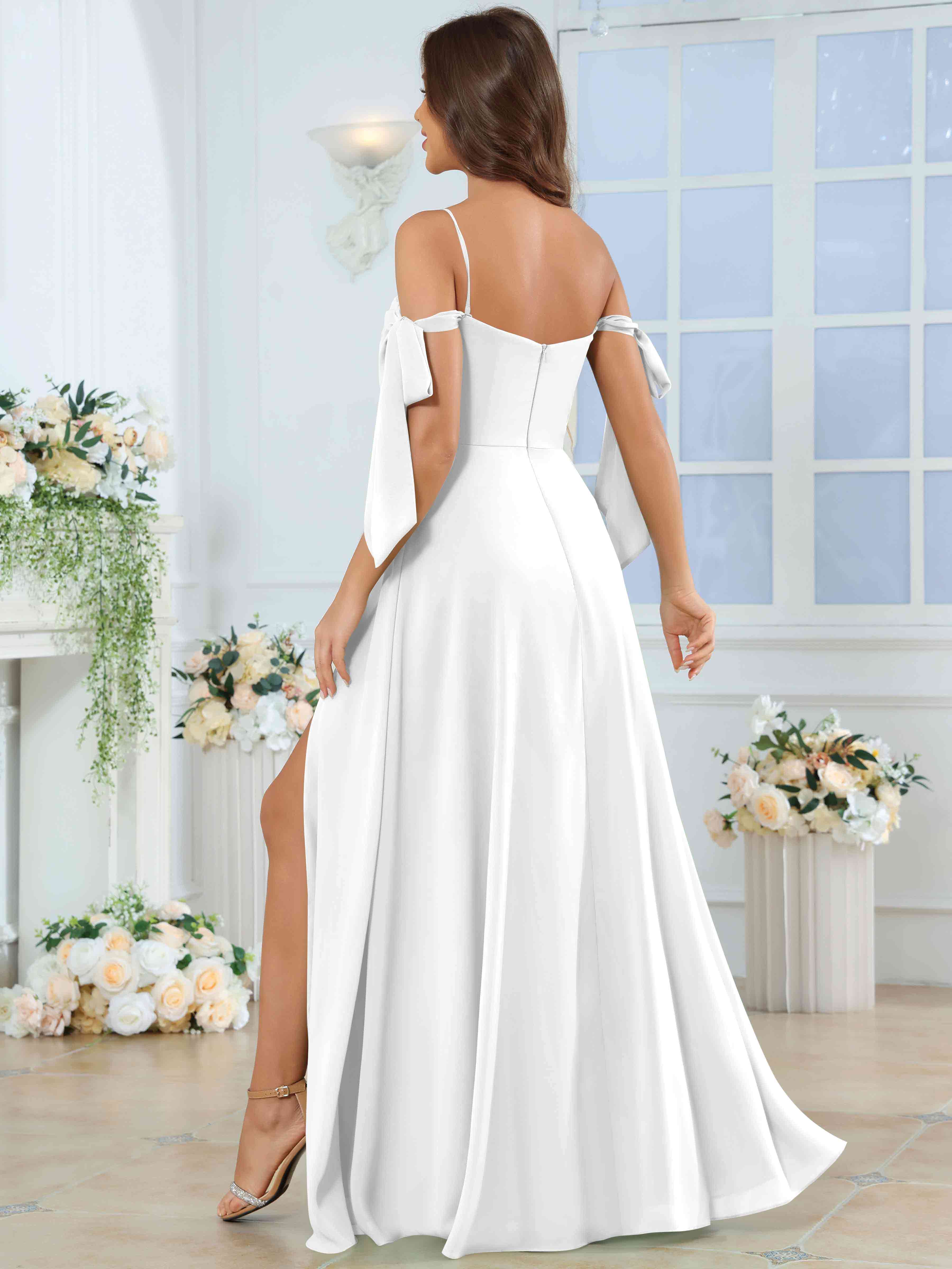 ROVDESY Spaghetti Strap Pleated Ruffle Slit Chiffon Bridesmaid Dress With Bow Sleeves
