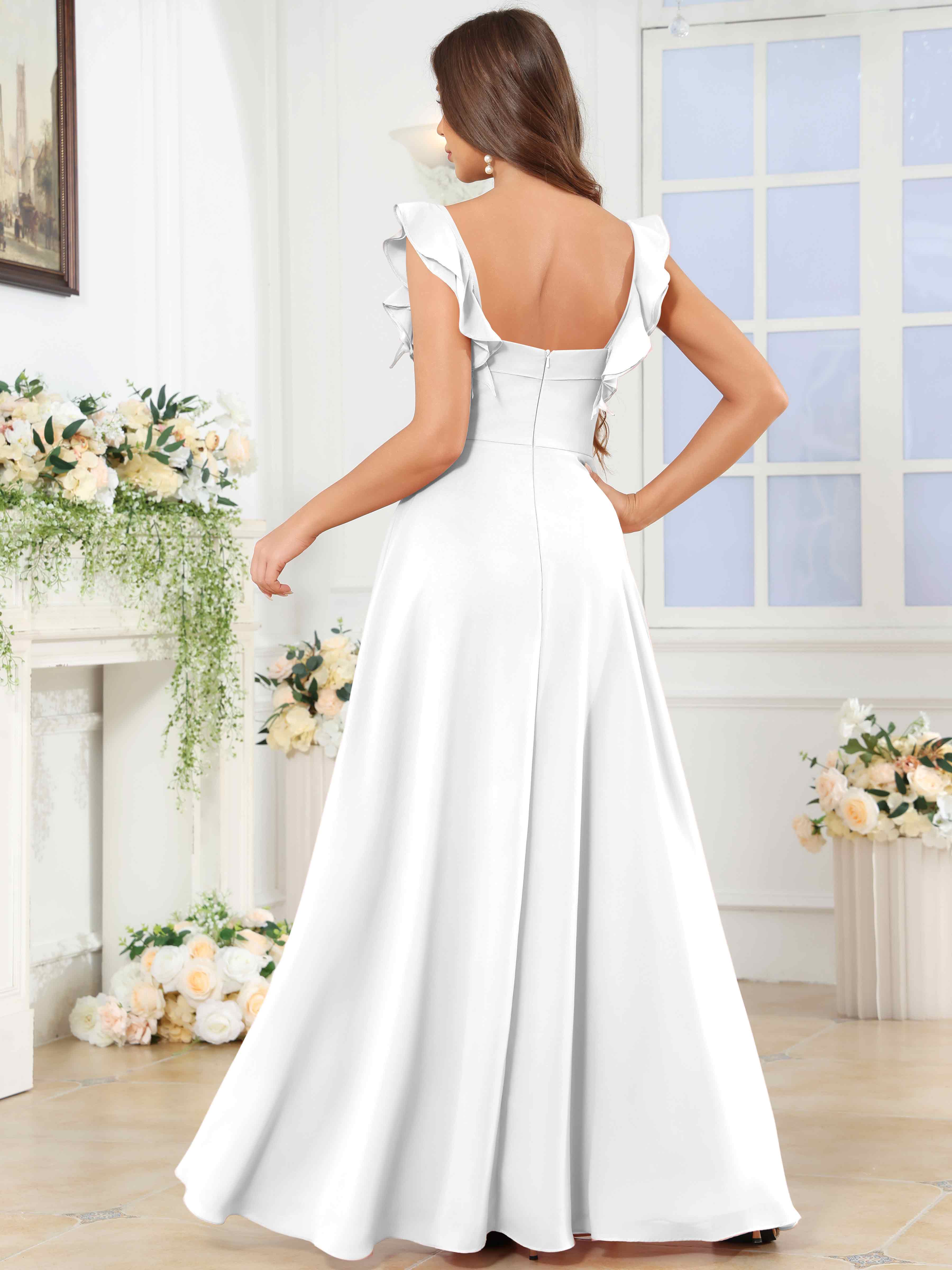 ROVDESY Square Neck Ruffle Chffion Bridesmaid Dress With Slit