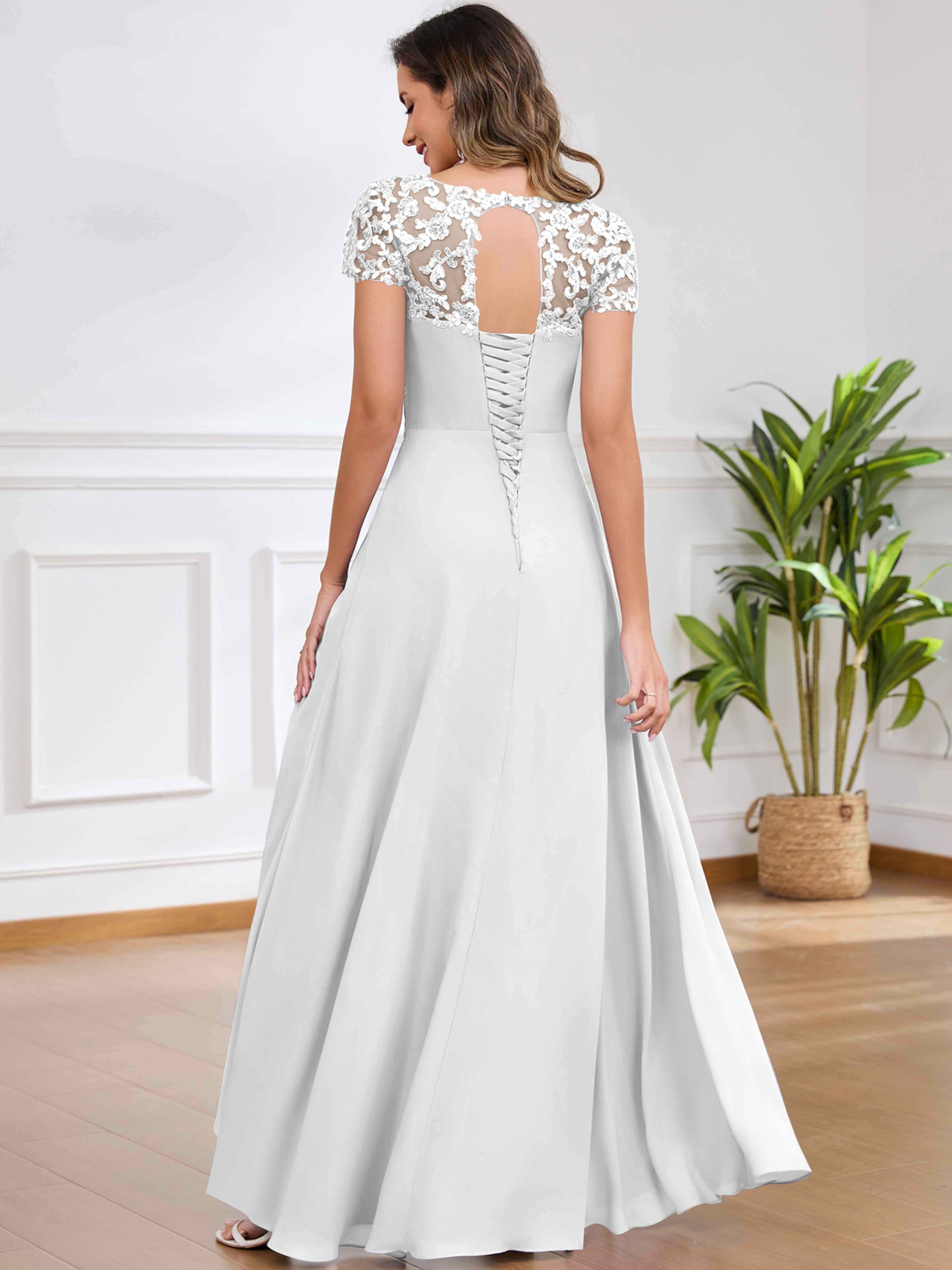 ROVDESY A-Line Pleated Lace Sequin Ruffle Chiffon Mother Of The Bride Dress With Slit