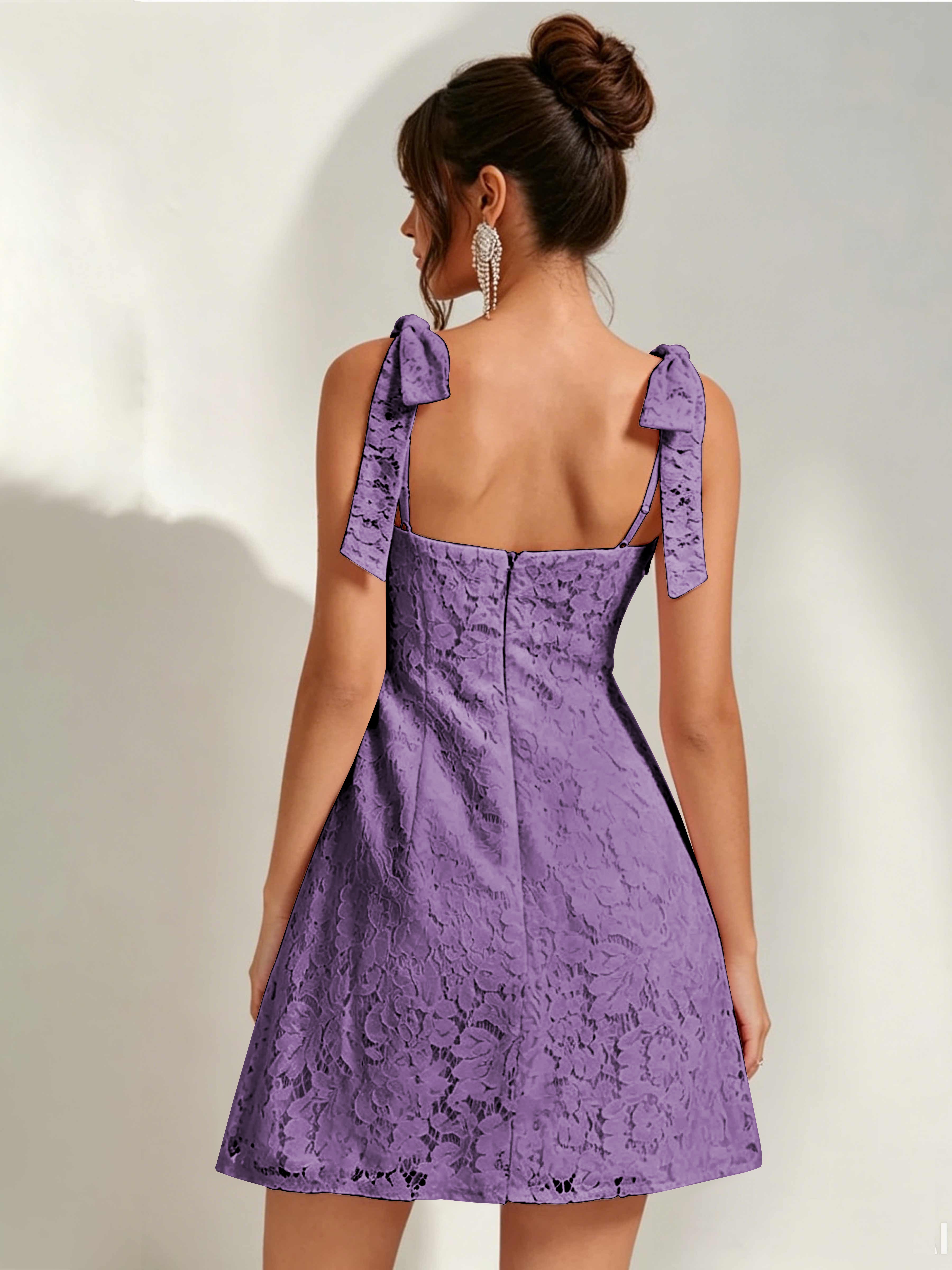 ROVDESY Bow Tie Spaghetti Strap A-Line  Floral Lace Mini Dress