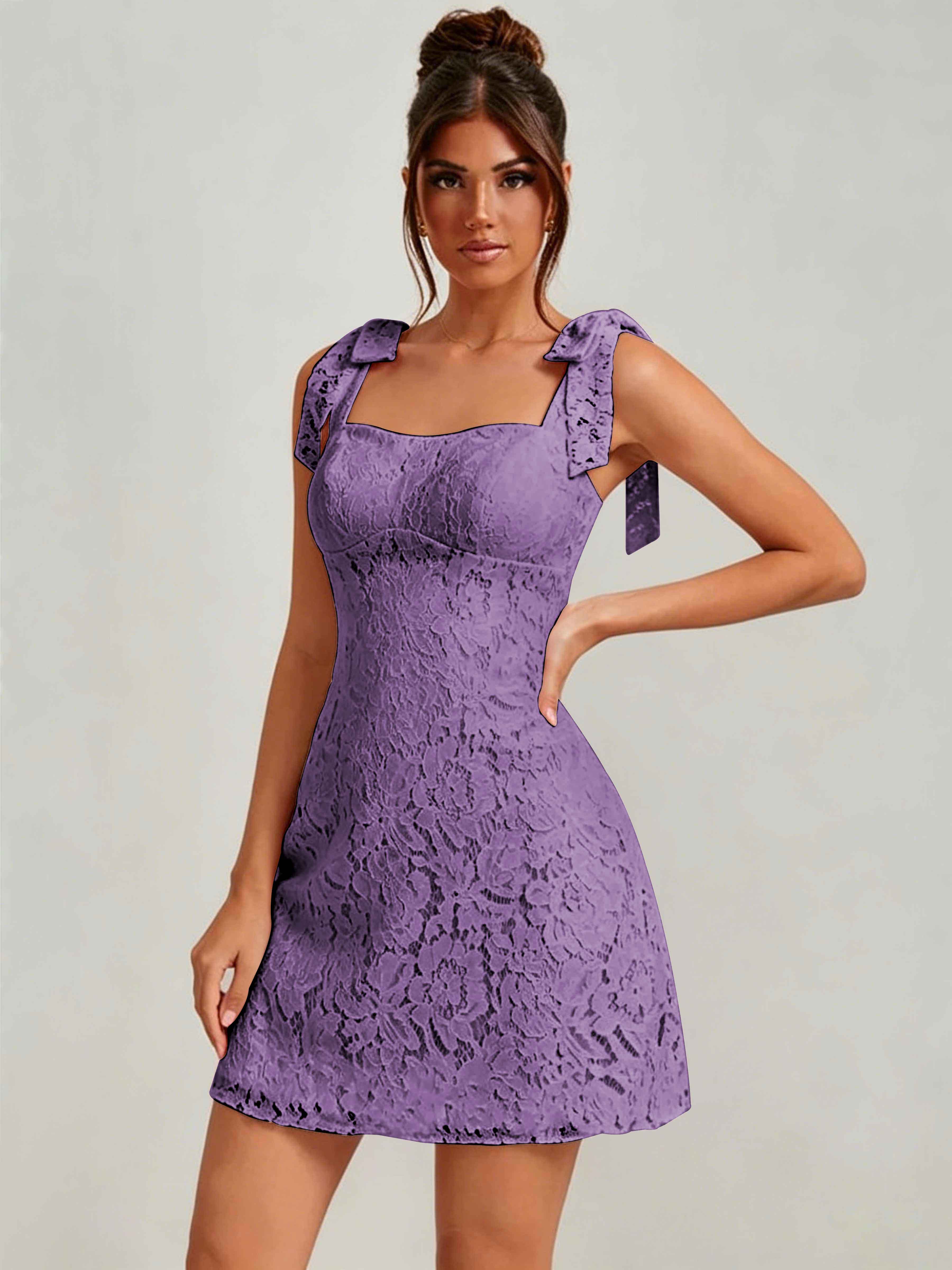 ROVDESY Bow Tie Spaghetti Strap A-Line  Floral Lace Mini Dress