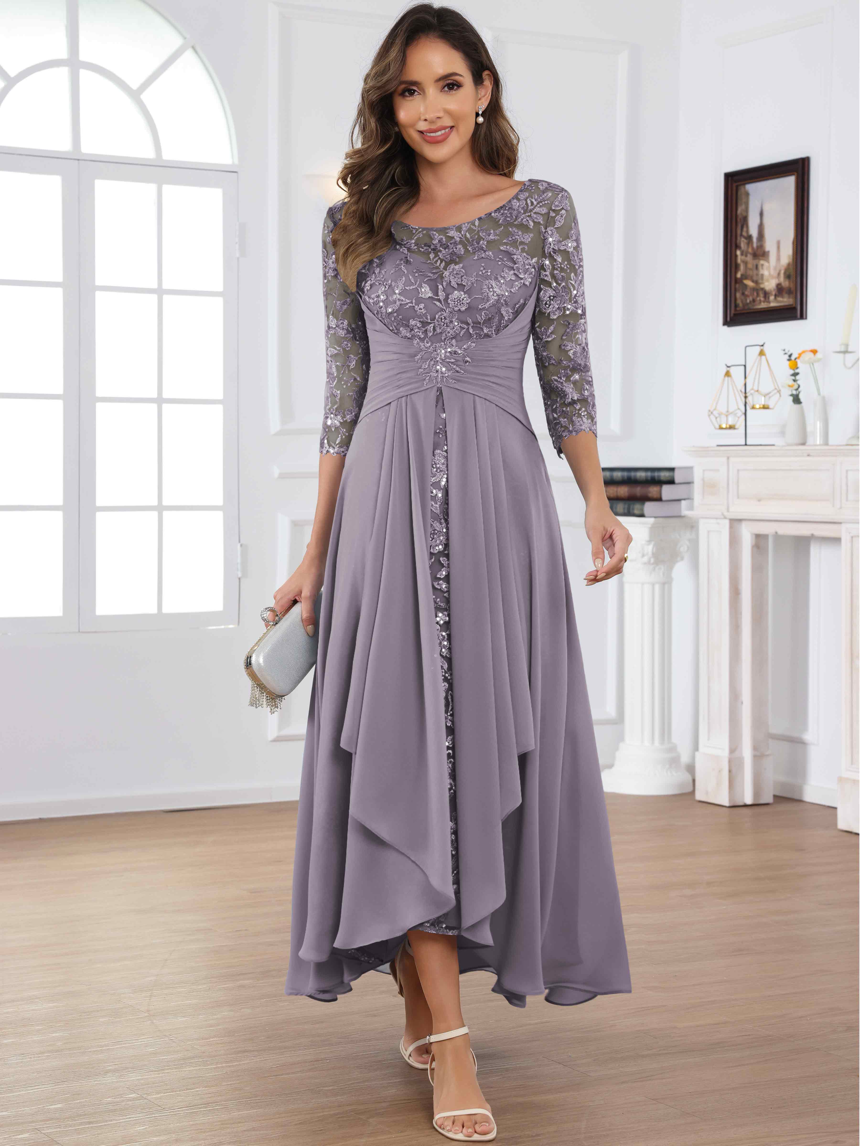 ROVDESY Tea Length Lace Chiffon Mother of The Bride Dress with 3/4 Sleeves