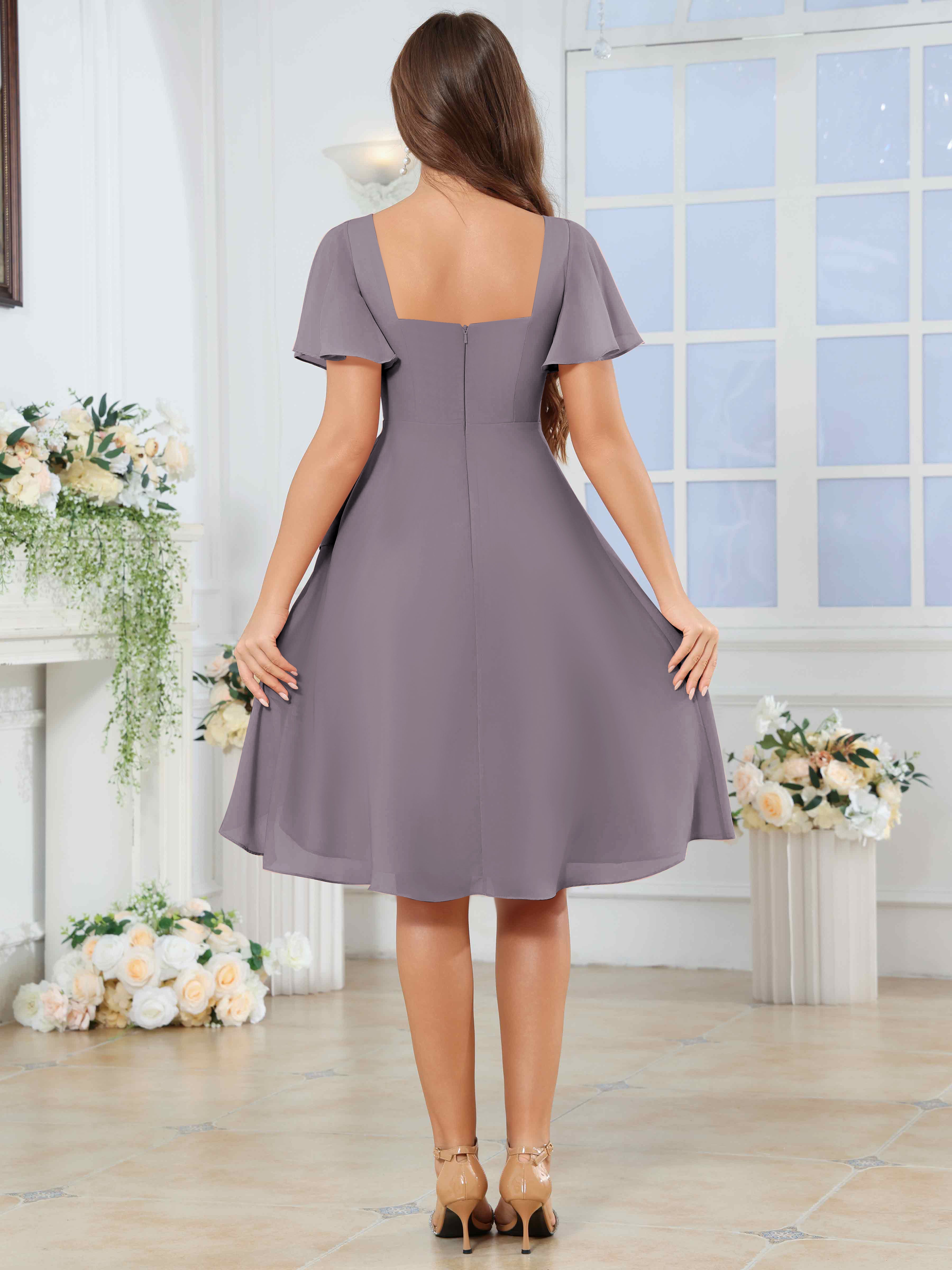ROVDESY Knee Length V-Neck Pleated Chiffon Bridesmaid Dress With Short Sleeves