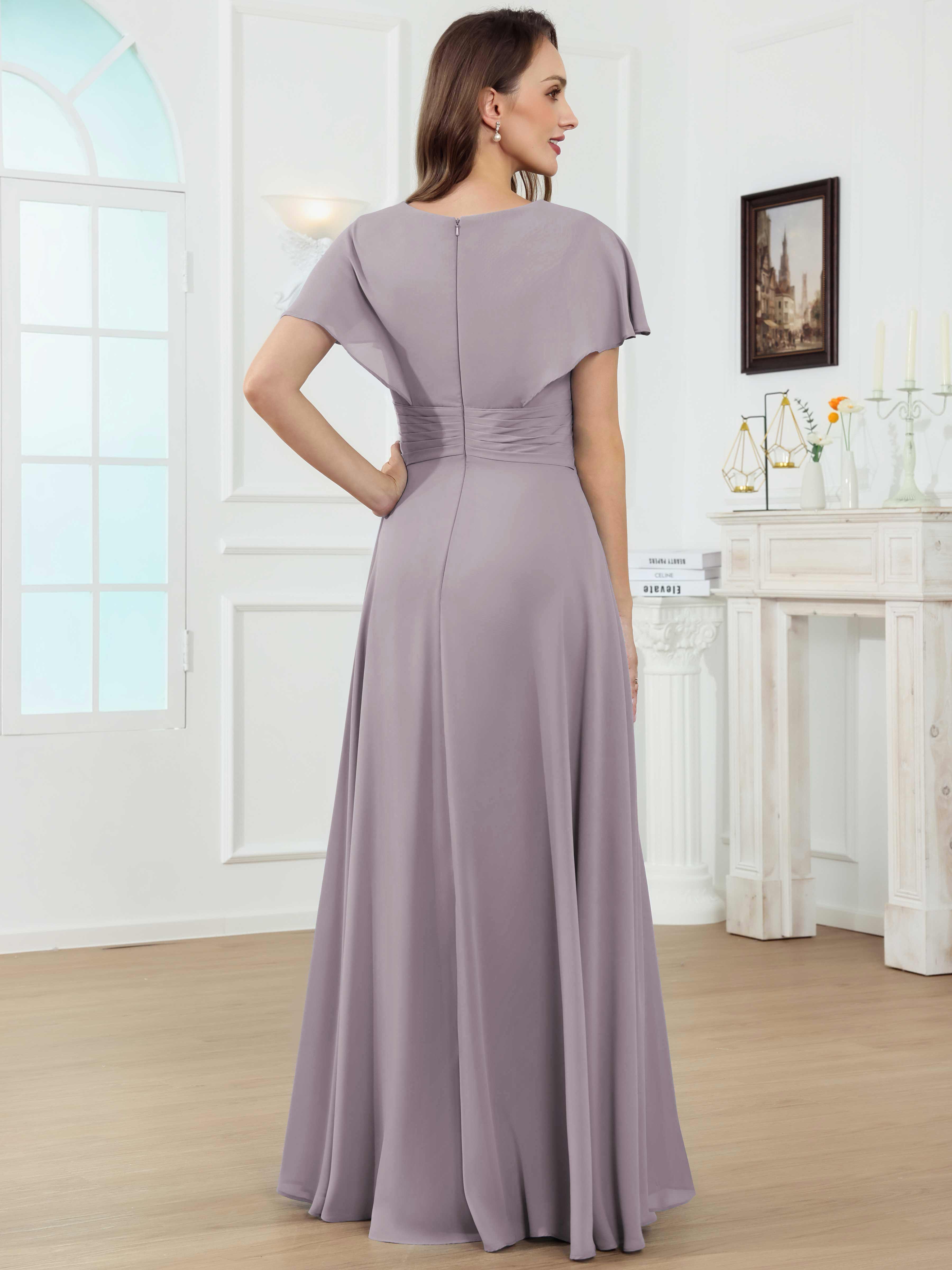 ROVDESY A-Line V-Neck Pleated Lace Chiffon Mother Of The Bride Dress With Short Sleeves