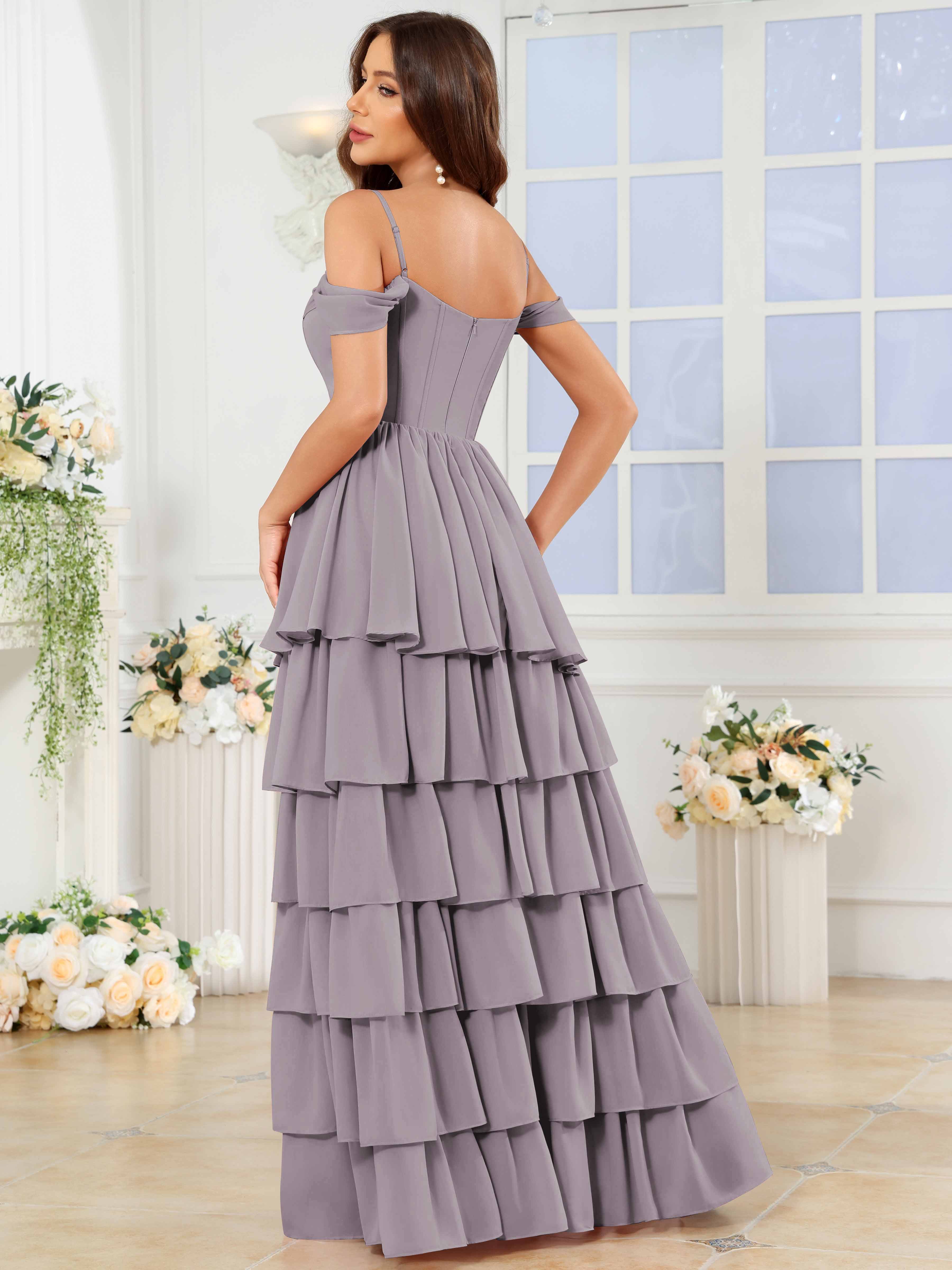 ROVDESY A-Line Off The Shoulder Tiered Chiffon Bridesmaid/Prom Dress With Slit