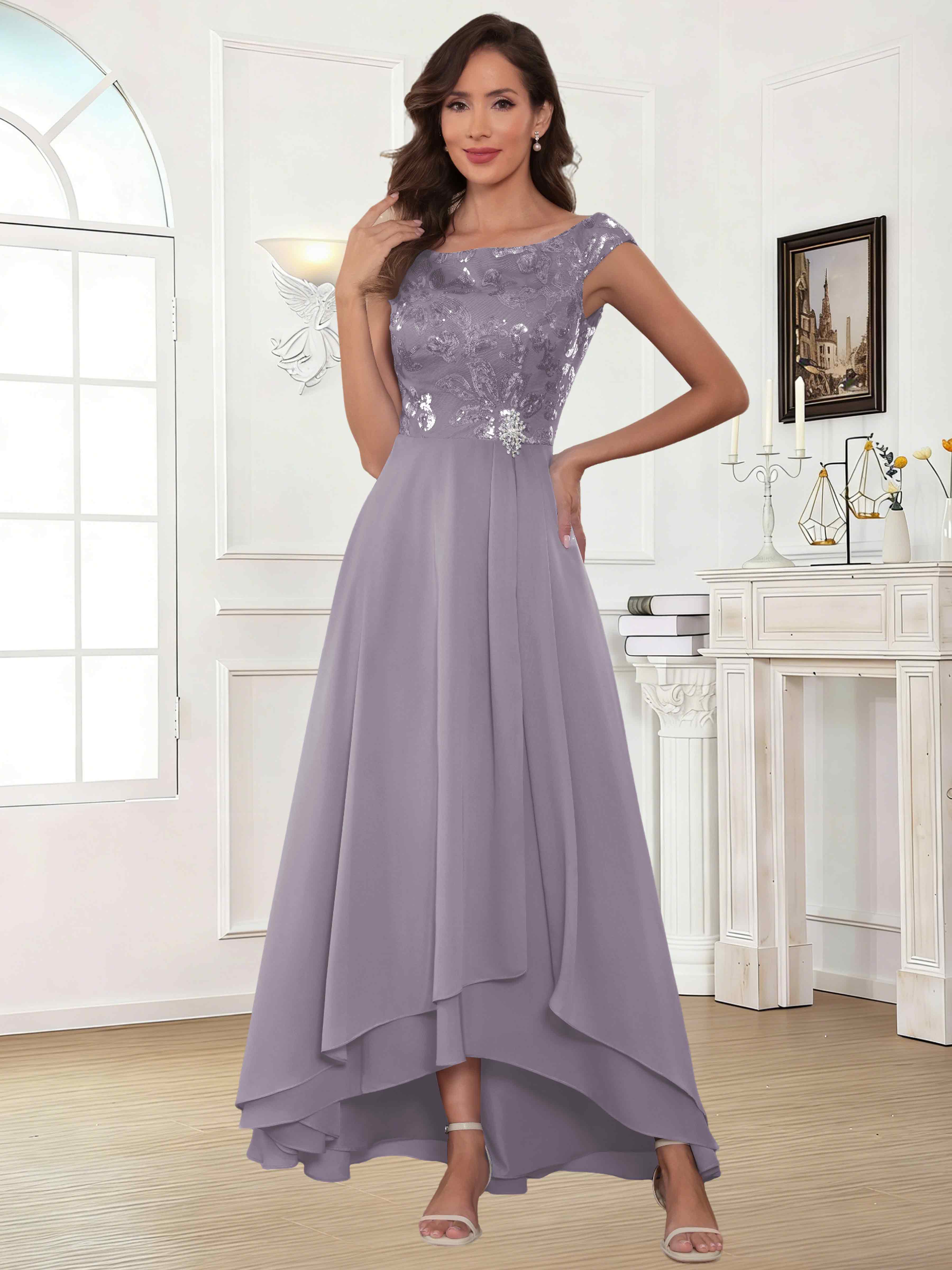 ROVDESY Tea Length Off-The-Shoulder Sequin Chiffon Mother Of The Bride Dress