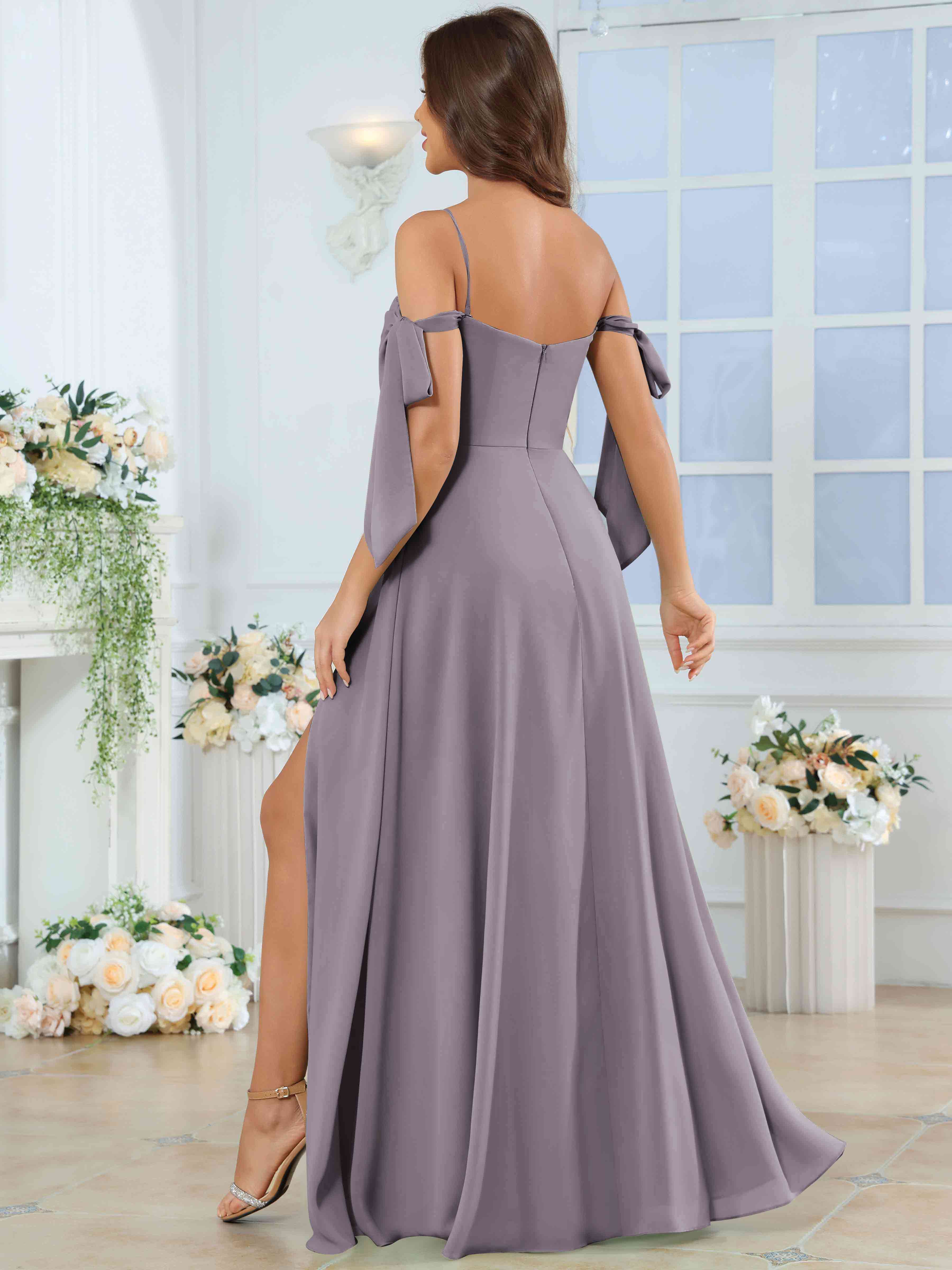 ROVDESY Spaghetti Strap Pleated Ruffle Slit Chiffon Bridesmaid Dress With Bow Sleeves