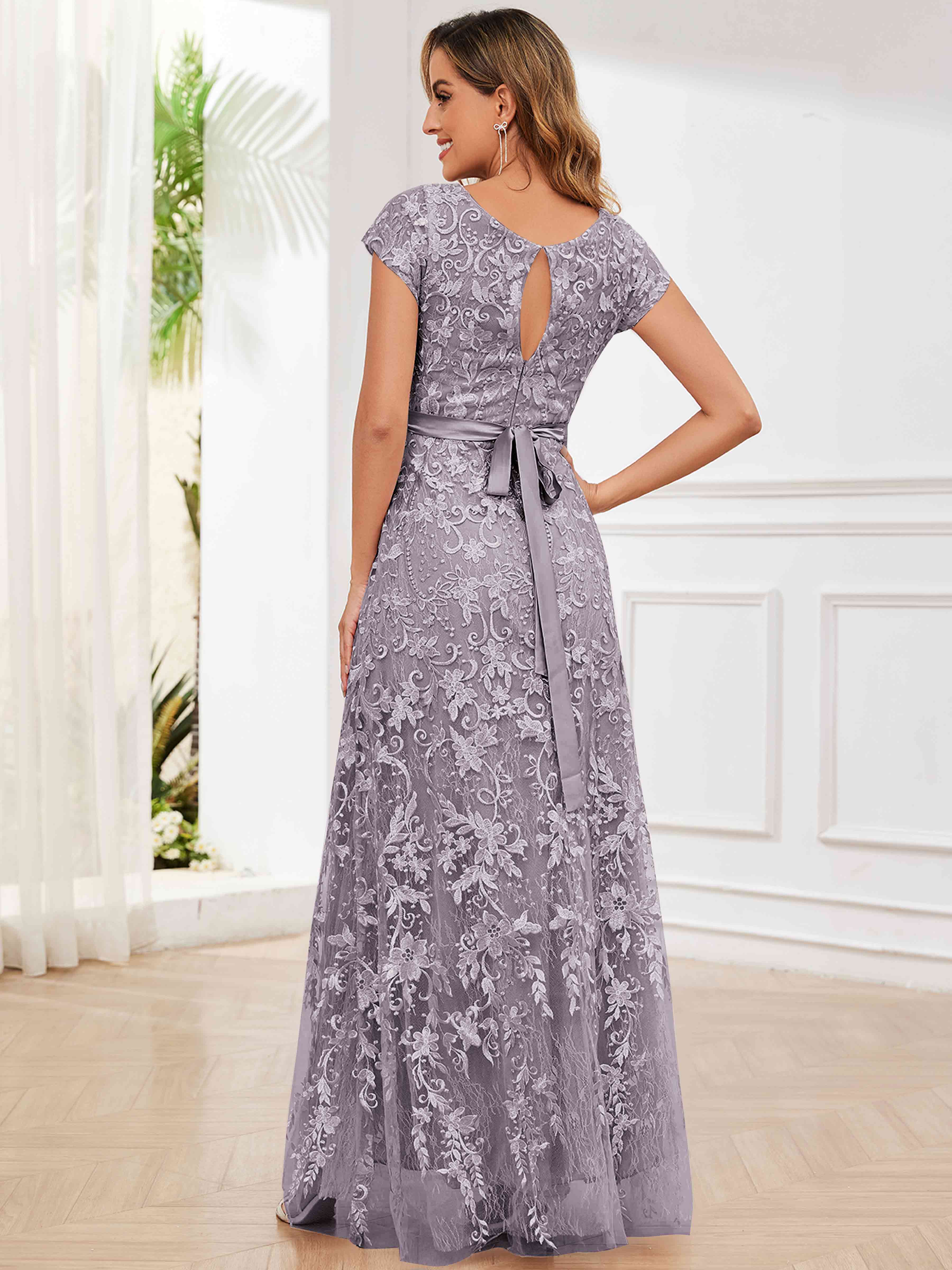 ROVDESY Elegant Lace Mother Of The Bride Dress With Short Sleeves Formal Gown