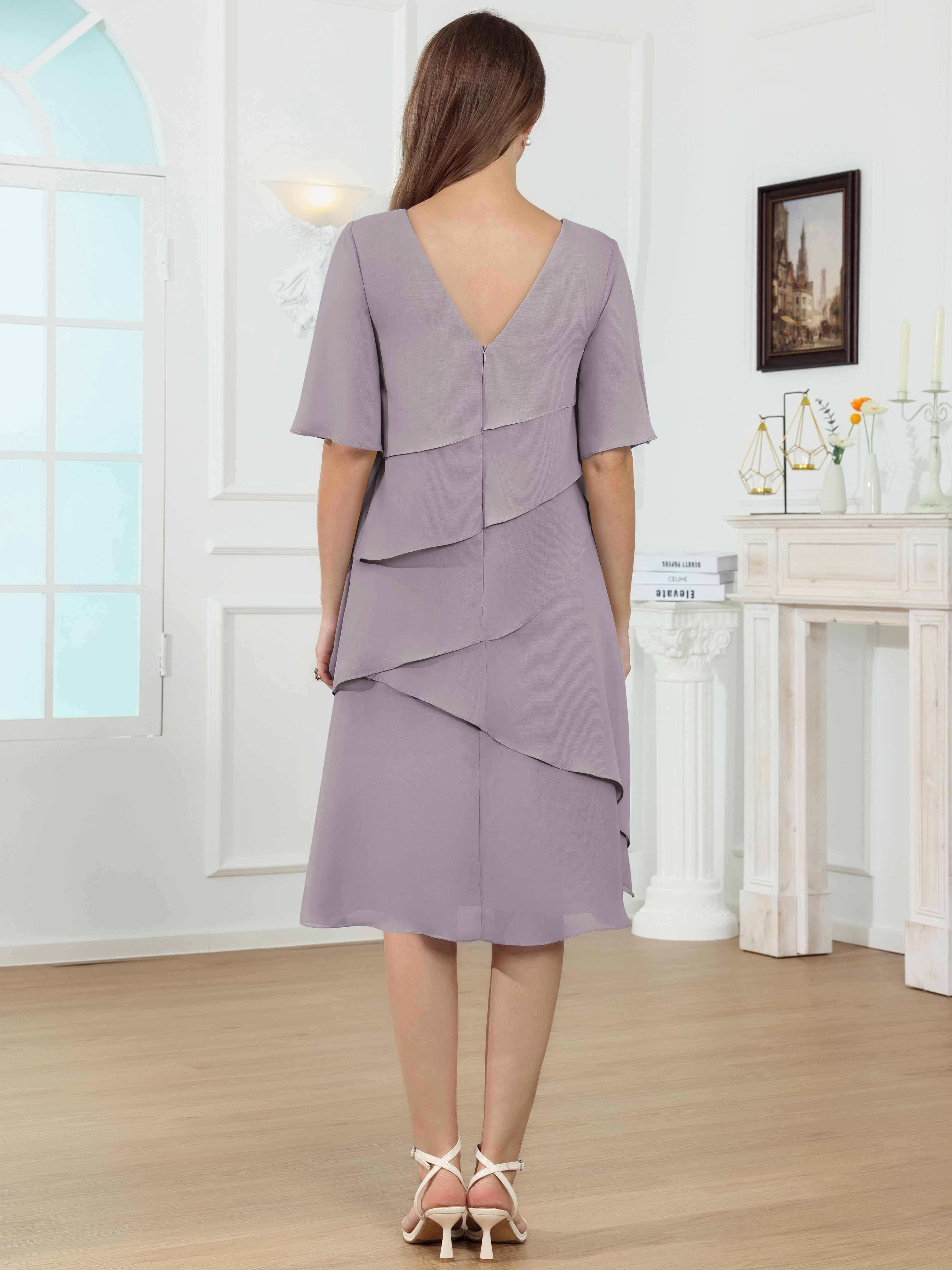 ROVDESY Knee Length Tiered Ruffle Chiffon Mother Of The Bride Dress With Half Sleeves