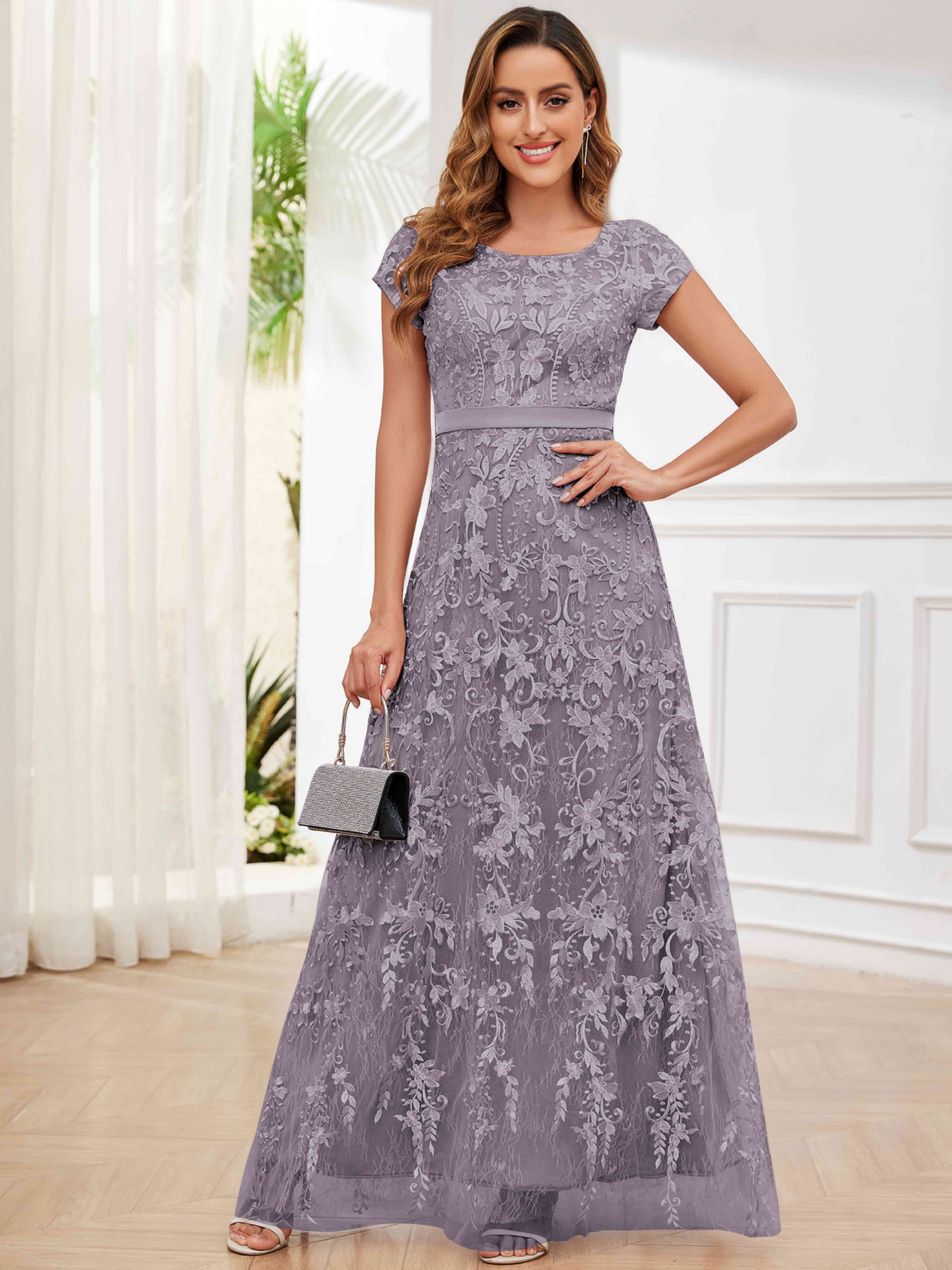 ROVDESY Elegant Lace Mother Of The Bride Dress With Short Sleeves Formal Gown