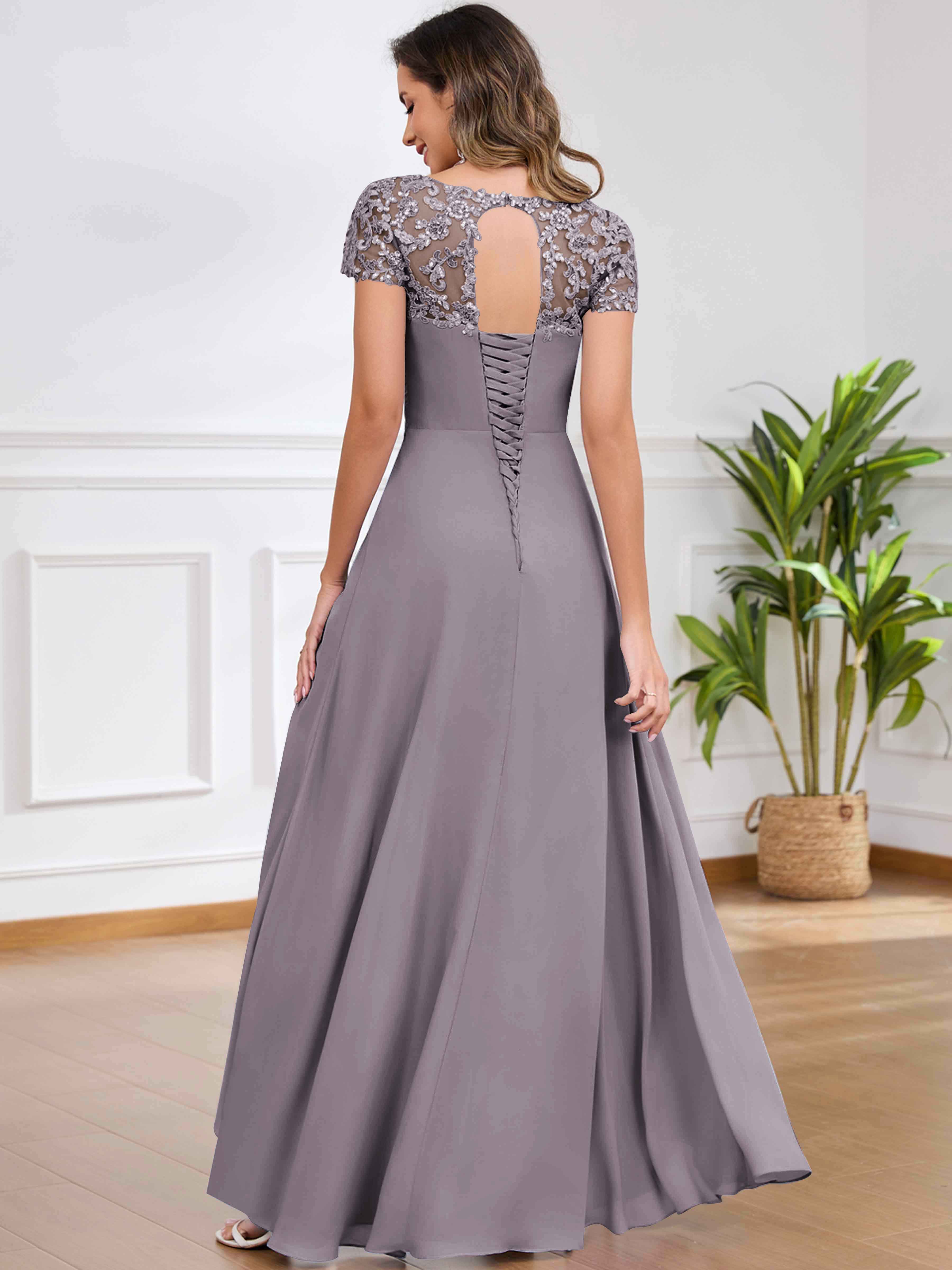 ROVDESY A-Line Pleated Lace Sequin Ruffle Chiffon Mother Of The Bride Dress With Slit