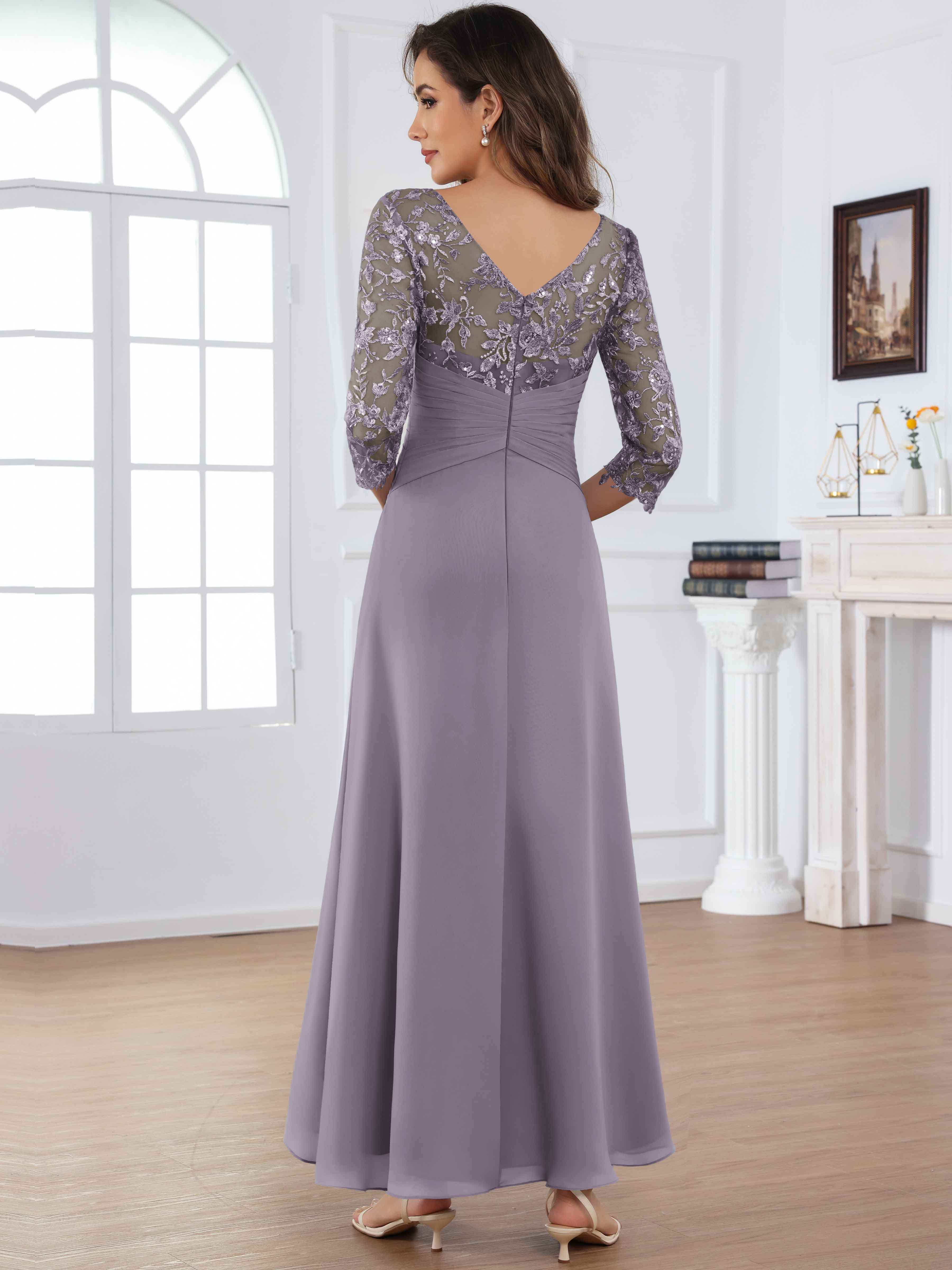 ROVDESY Tea Length Lace Chiffon Mother of The Bride Dress with 3/4 Sleeves