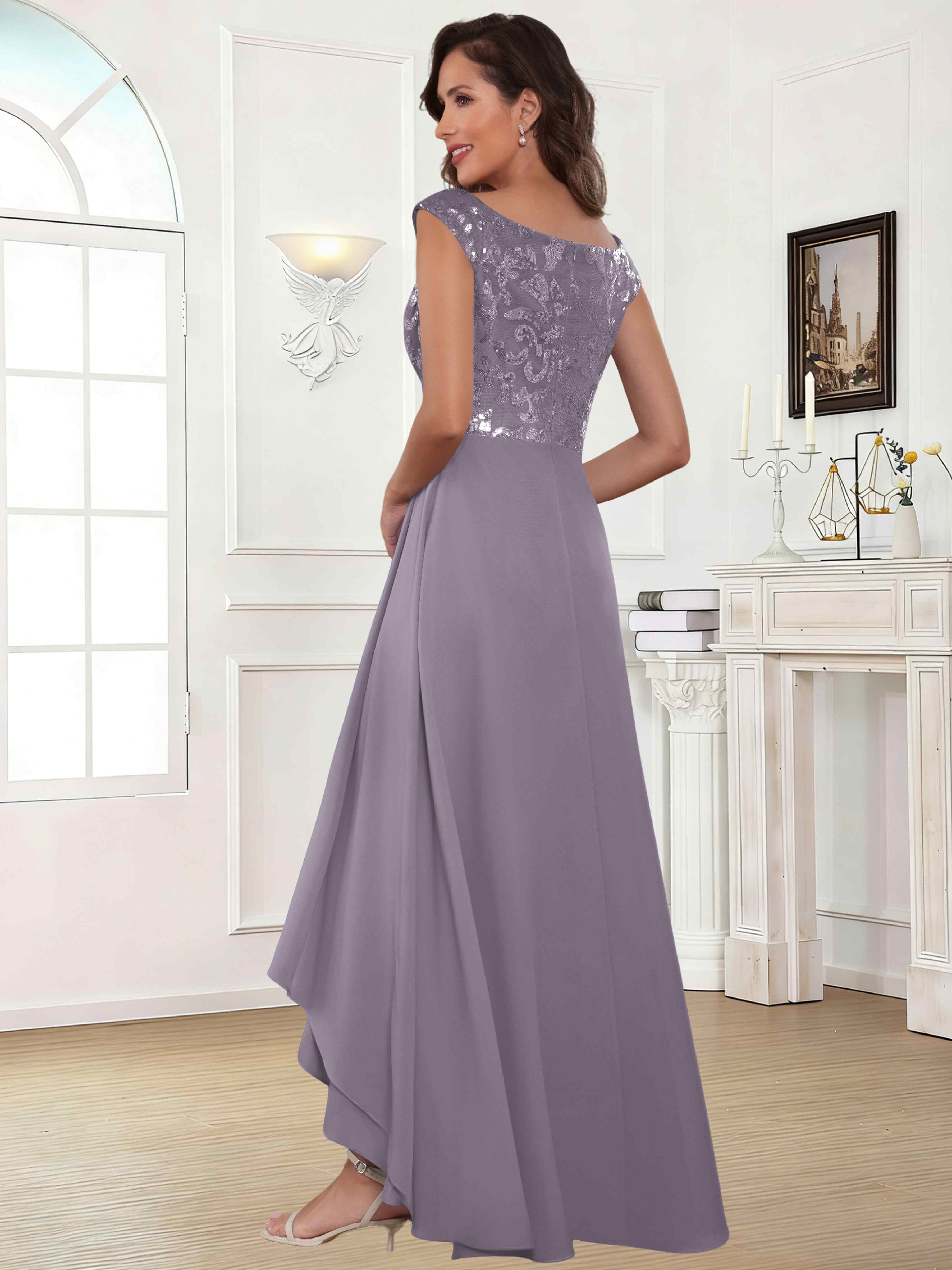 ROVDESY Tea Length Off-The-Shoulder Sequin Chiffon Mother Of The Bride Dress