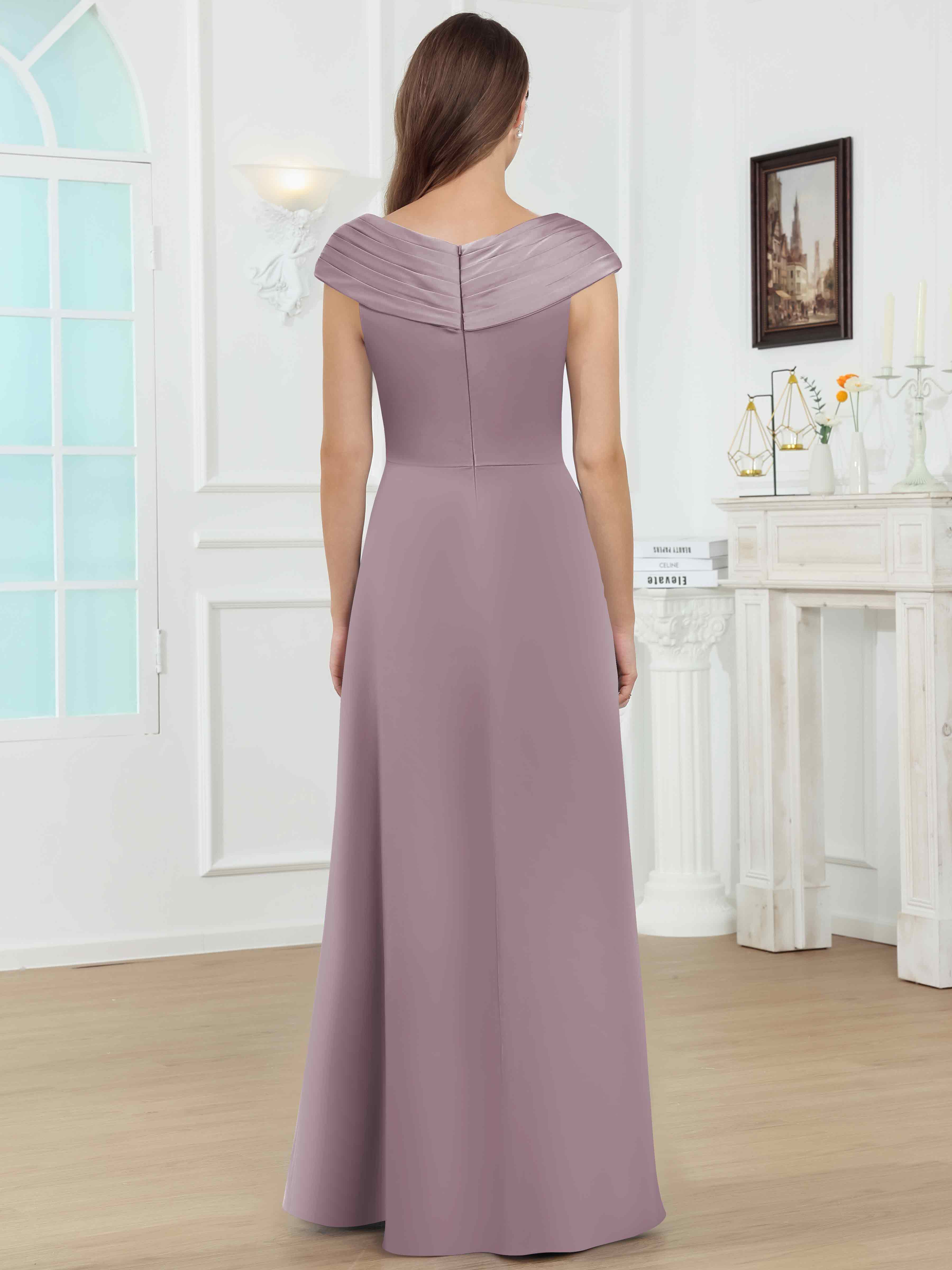 ROVDESY V-Neck Off The Shoulder Pleated Satin Mother Of The Bride Dress With Slit