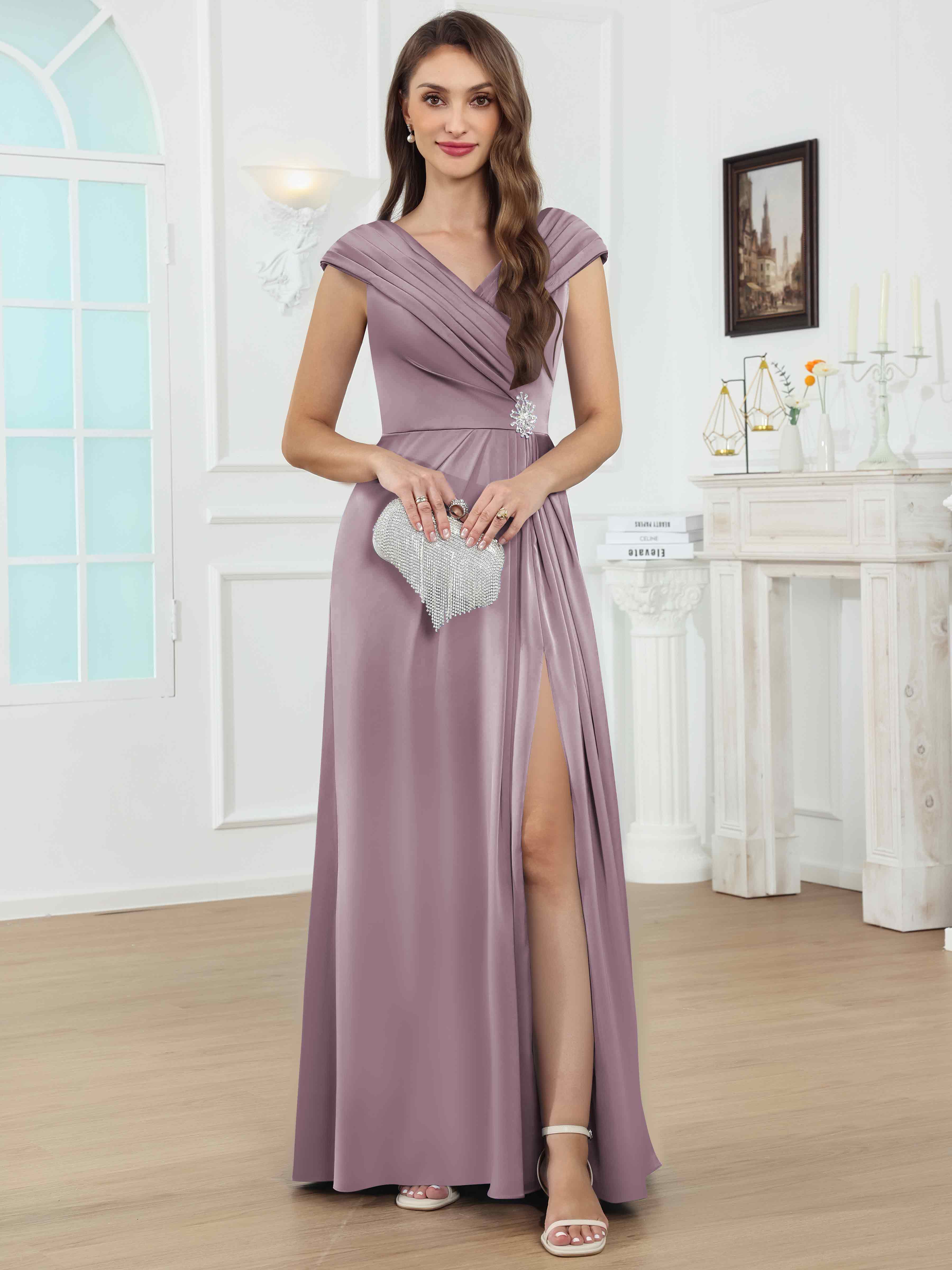 ROVDESY V-Neck Off The Shoulder Pleated Satin Mother Of The Bride Dress With Slit