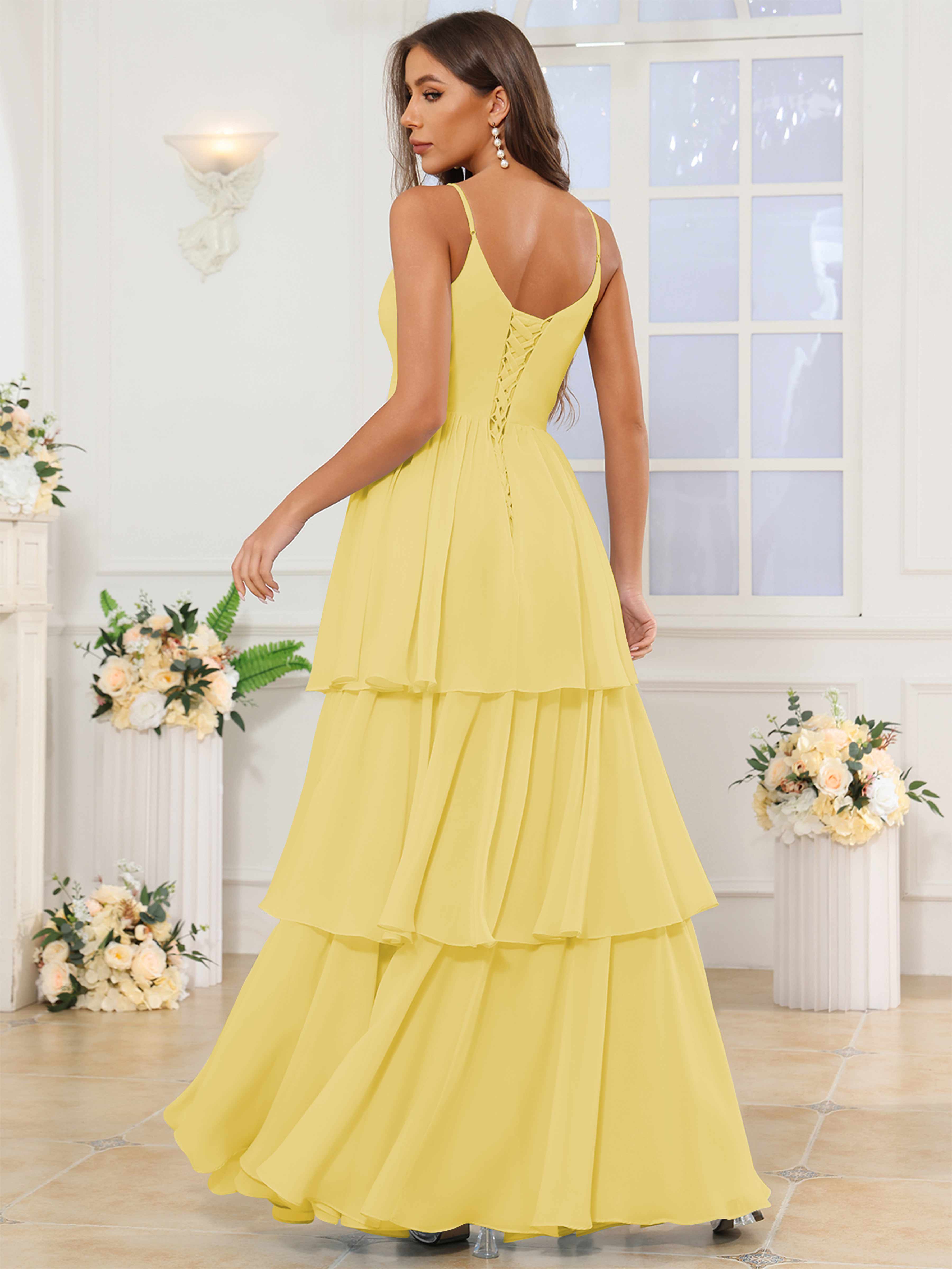 ROVDESY V-Neck Spaghetti Straps Tiered Chiffon Bridesmaid Dress With Ruffles