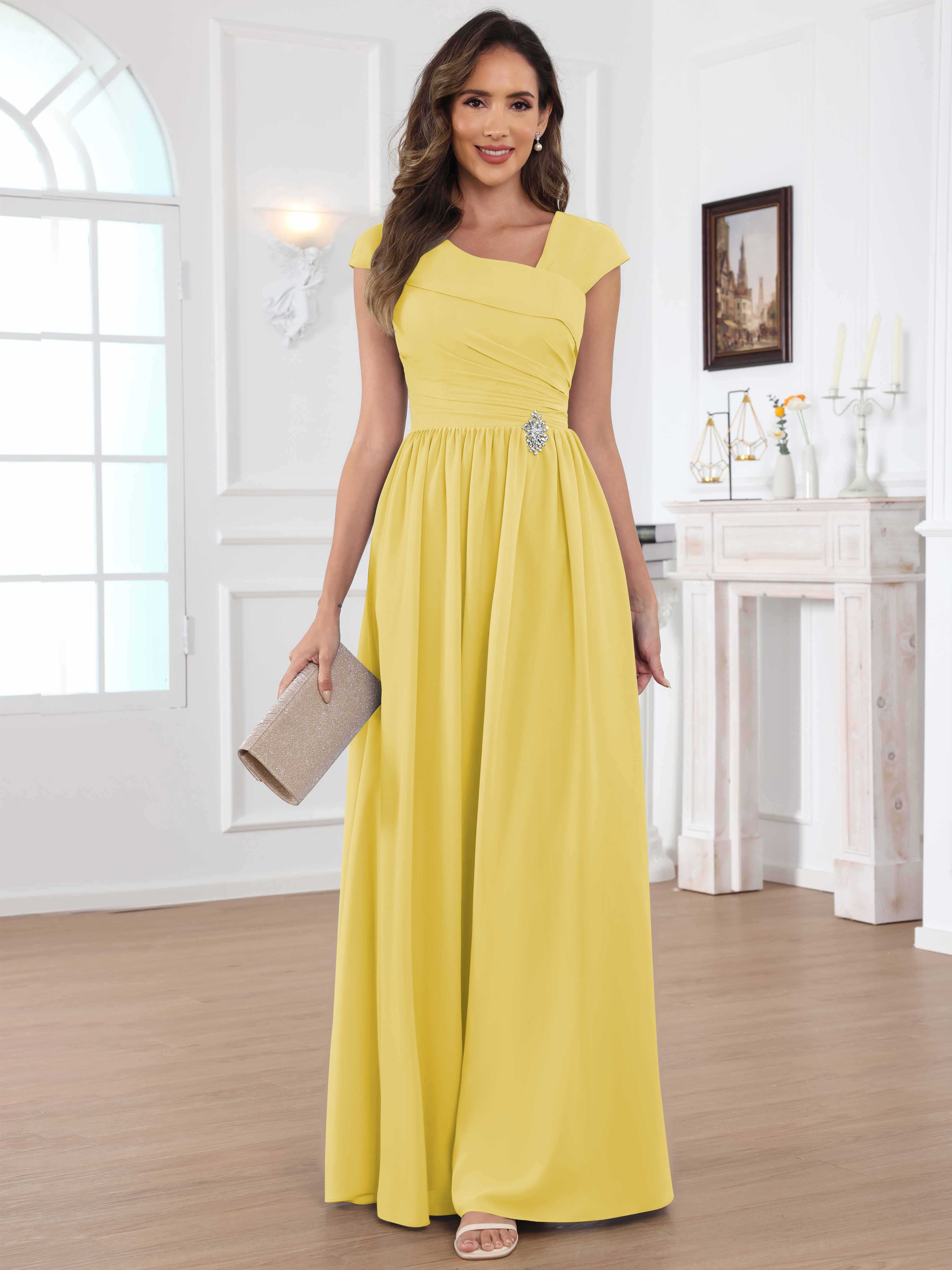 ROVDESY A-Line Cap Sleeves Pleated Chiffon Mother Of The Bride Dress