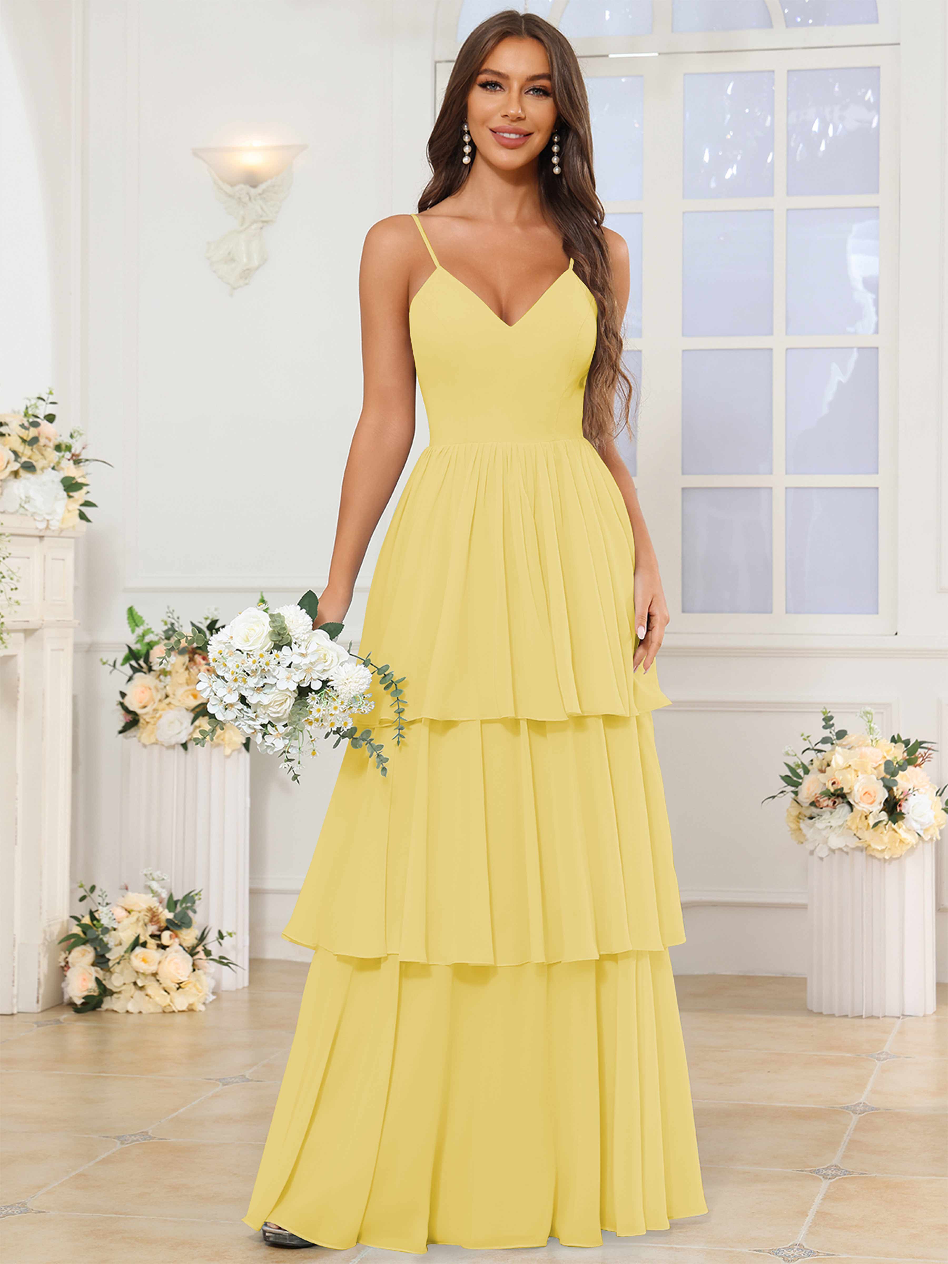 ROVDESY V-Neck Spaghetti Straps Tiered Chiffon Bridesmaid Dress With Ruffles