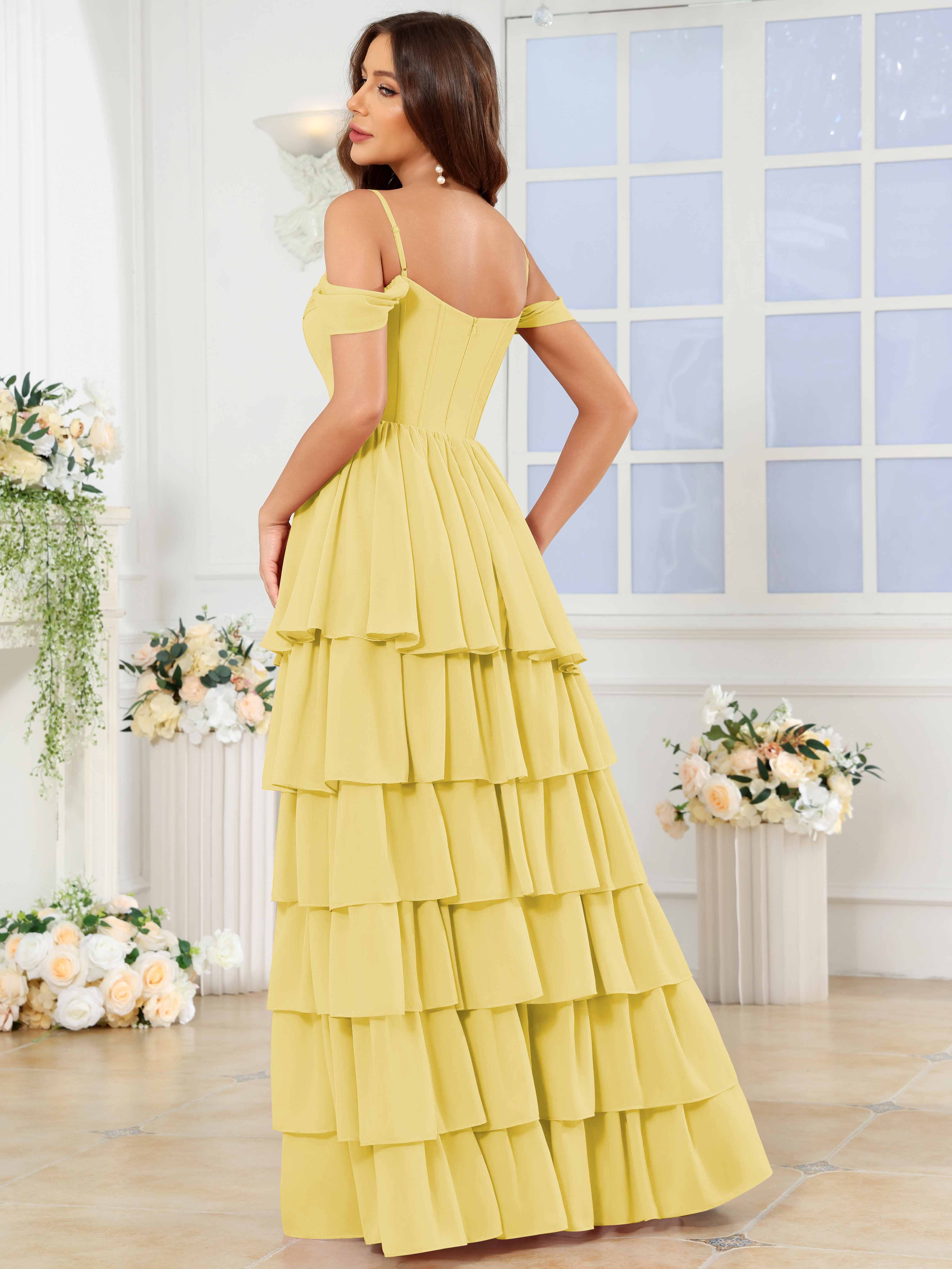 ROVDESY A-Line Off The Shoulder Tiered Chiffon Bridesmaid/Prom Dress With Slit