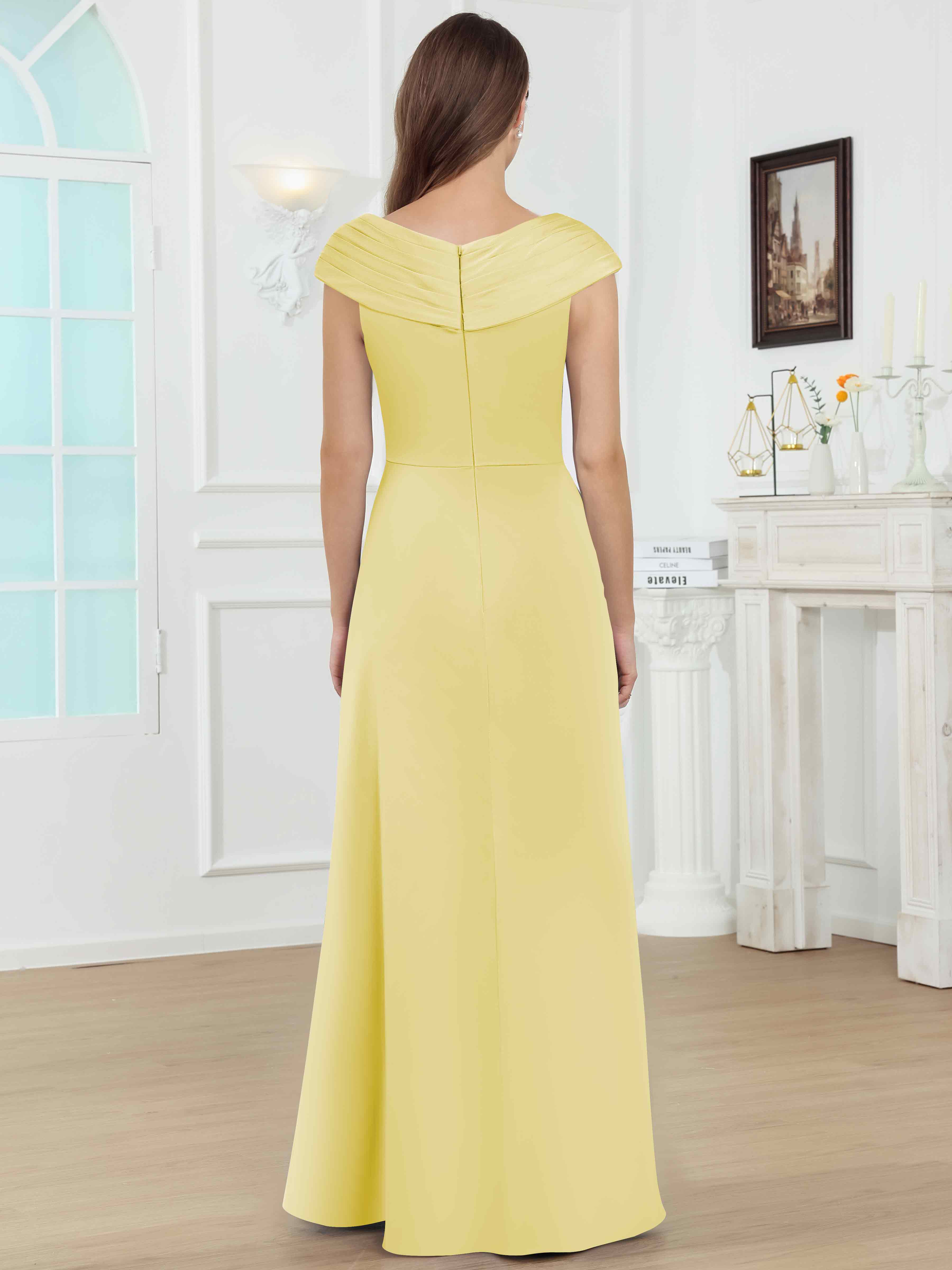 ROVDESY V-Neck Off The Shoulder Pleated Satin Mother Of The Bride Dress With Slit