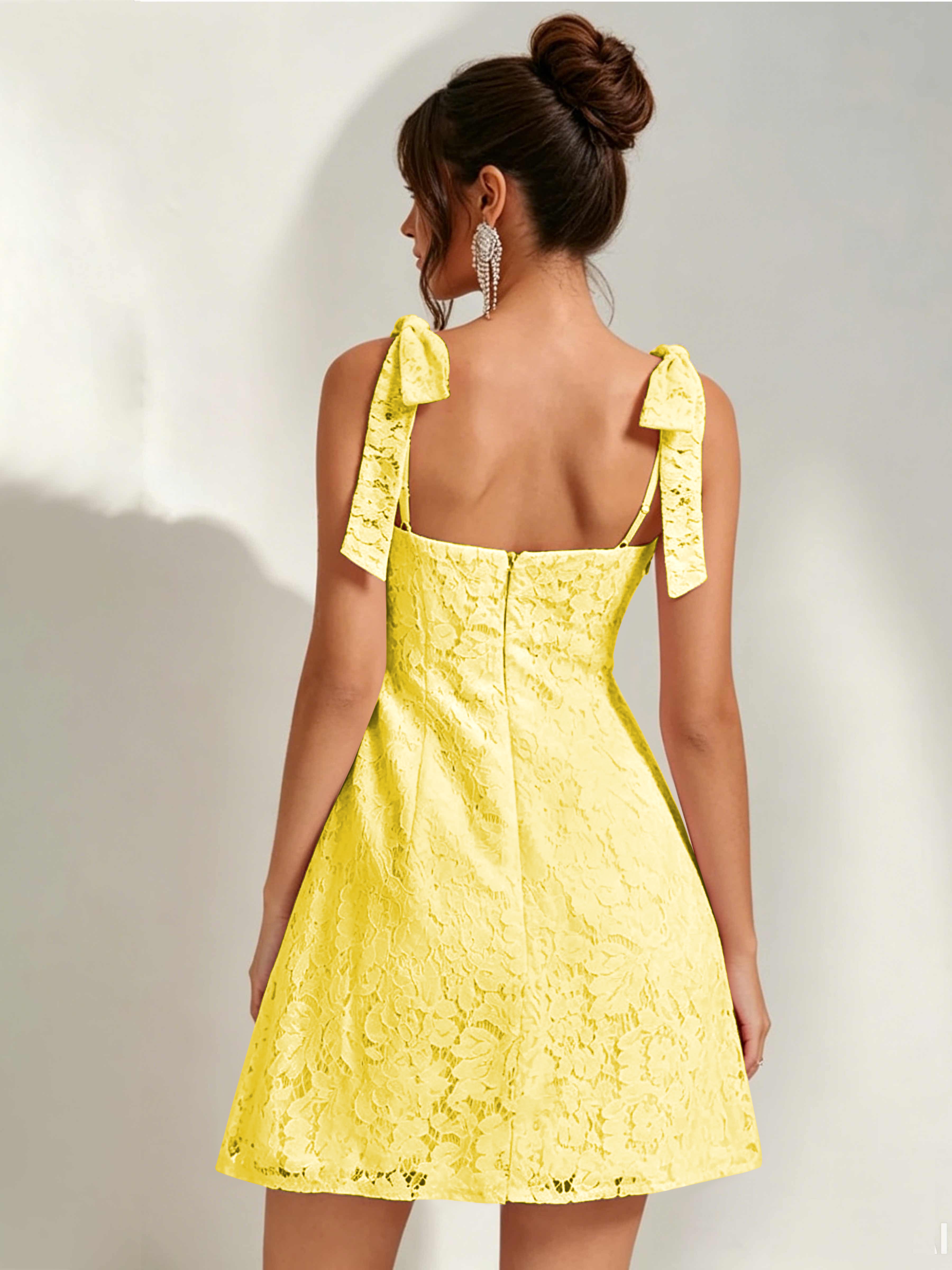 ROVDESY Bow Tie Spaghetti Strap A-Line  Floral Lace Mini Dress